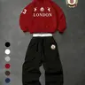 American Vintage London Badge Print Hoodie and Pants Set, Loose Fit, Fall & Winter, Streetwear Style, Casual, Unisex Couple