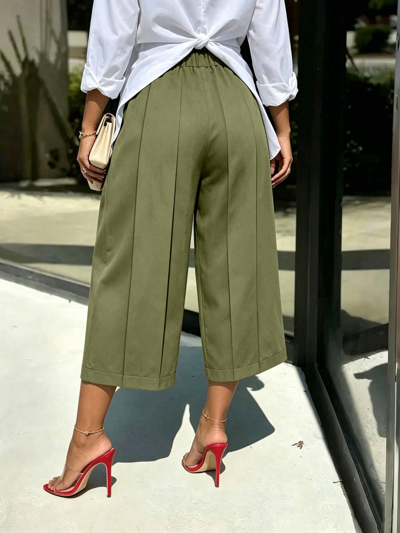 Women's Wide Leg Seven-Quarter Pants Bottom, Summer New Arrival, Elastic Waist, Pleated Slim Fit, Casual Camouflage Workwear