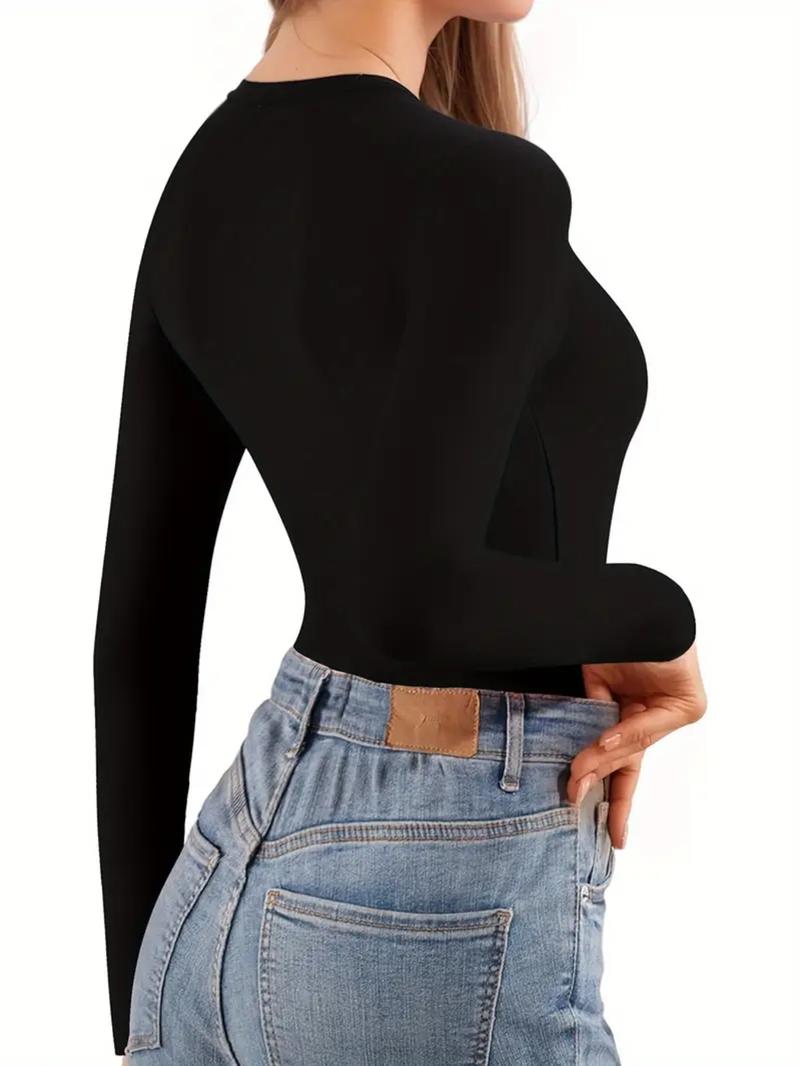 Women's Ribbed Abdomen Control Bodysuit, Long Sleeve Seamless T Shirt,Comfortable Scoop Neck Body Suit Stretchy Basic Tops, Fit Soft Elastic Fabric, Perfect For Daily Wear and  Going Out,Shapewear For Fall&Winter