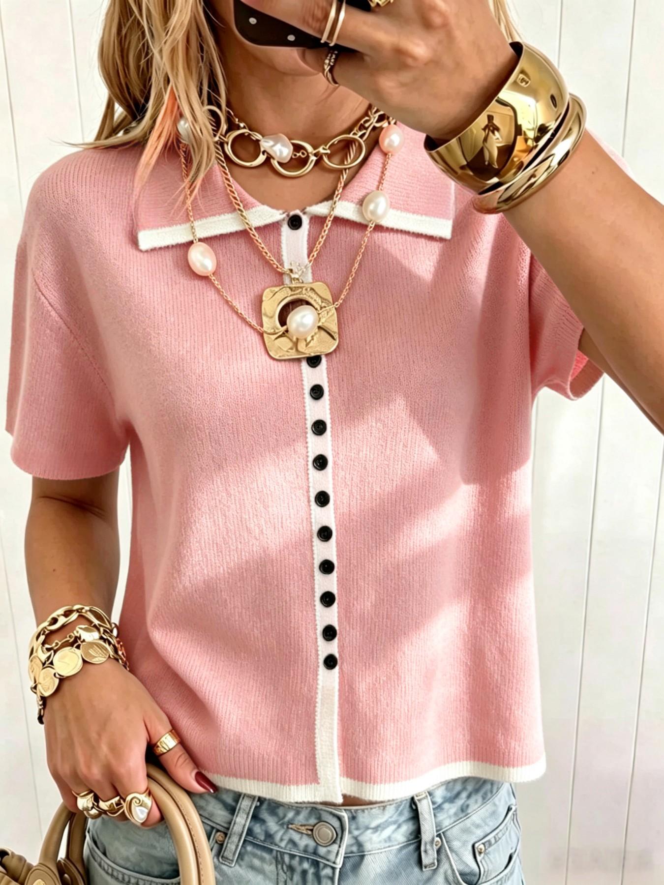 Elegant Polo Neck Button Front Pullover, Casual Colorblock Short Sleeve Top, Loose Fit Fall Fashion Women's Sweater