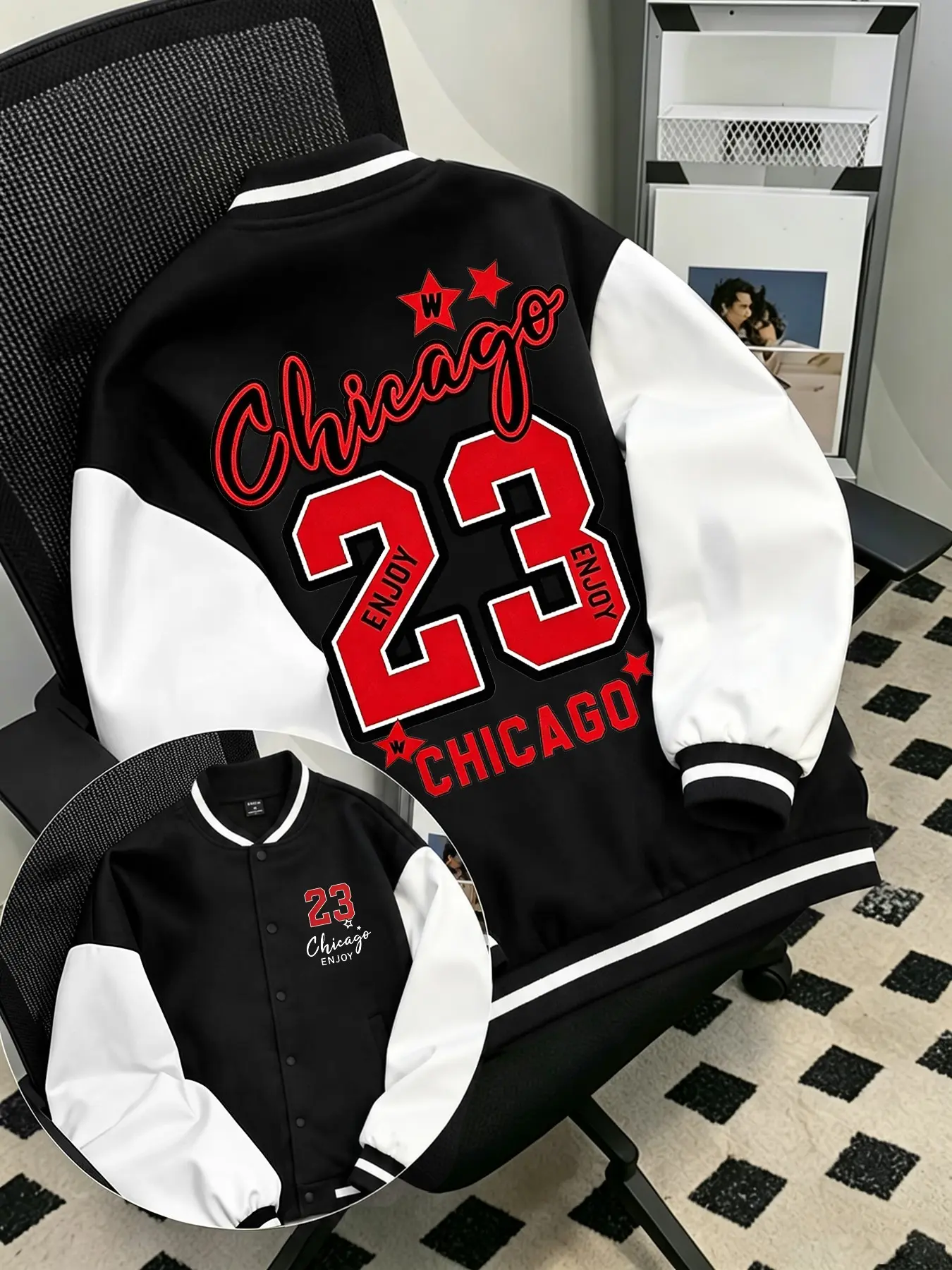 Men's Fall Winter Classic Baseball Jacket, American Vintage Chicago 23 Letter Print, Zipper Closure, Thick Fabric, Casual Street Style