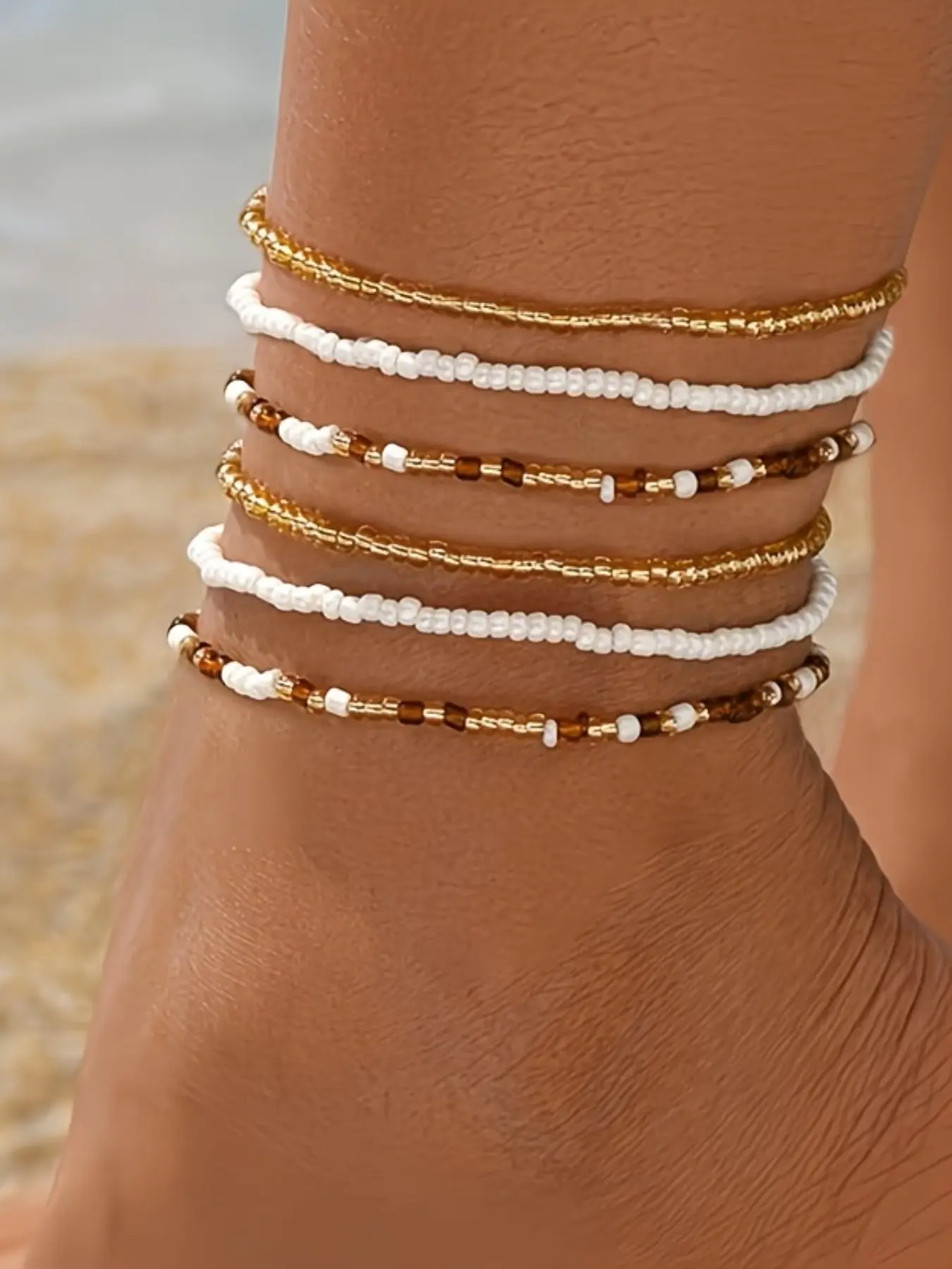 6pcs Bohemian Ocean Style Beaded Layered Anklet Set, Boho Anklet, Fashion Beach Party Jewelry for Women, Elegant Evening Accessories