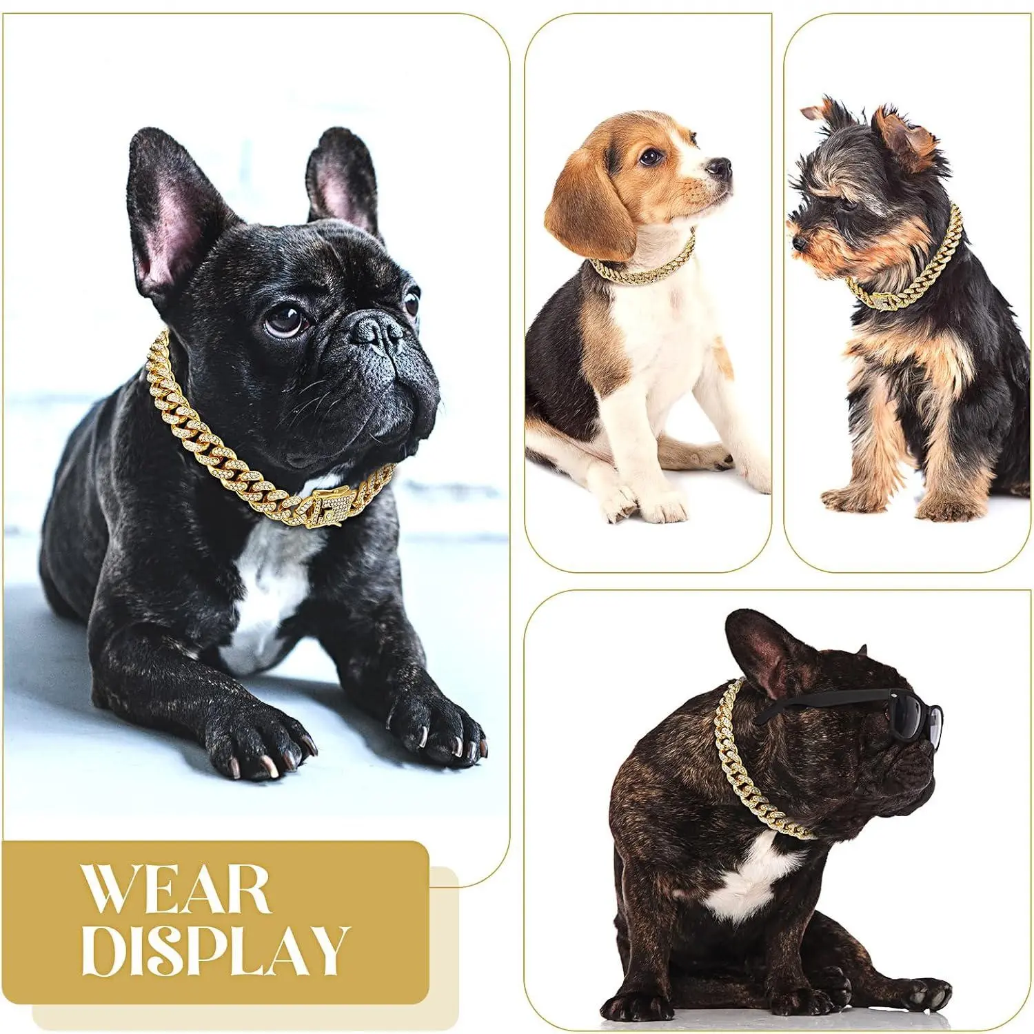 Dog Chain Diamond Collar, Metal Chain Necklace with Safety Clip, Cuban Style Pet Jewelry Accessory for Small, Medium, Large Dogs and Cats