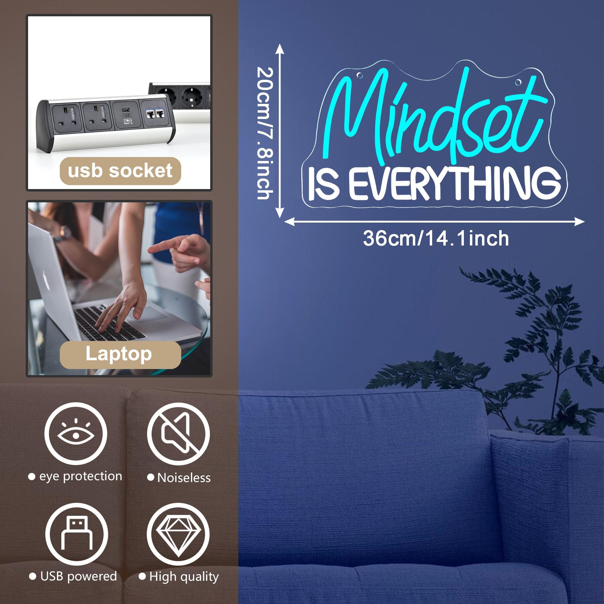 Mindset Is Everything Neon Sign Wall Decor, Motivational Neon Light USB Powered LED Dimmable, For Classroom Decor Office Gym Library Bedroom Bar Sign(14.1 * 7.8 In)