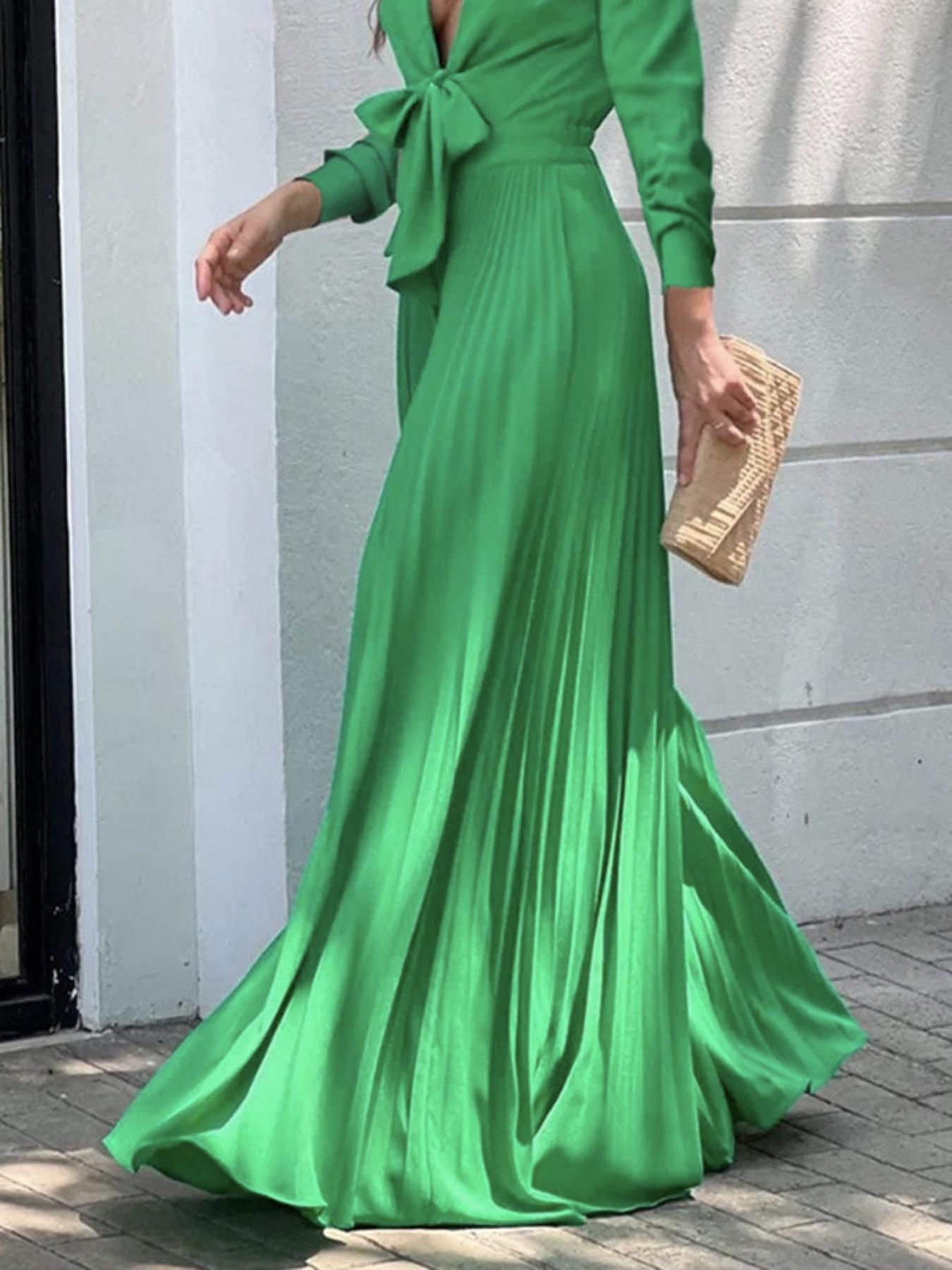 Women's Plain Pleated Knot Front Wide Leg Jumpsuit, Elegant Long Sleeve Collared Jumpsuit For Spring & Fall, Women's Clothes For Work Office Business