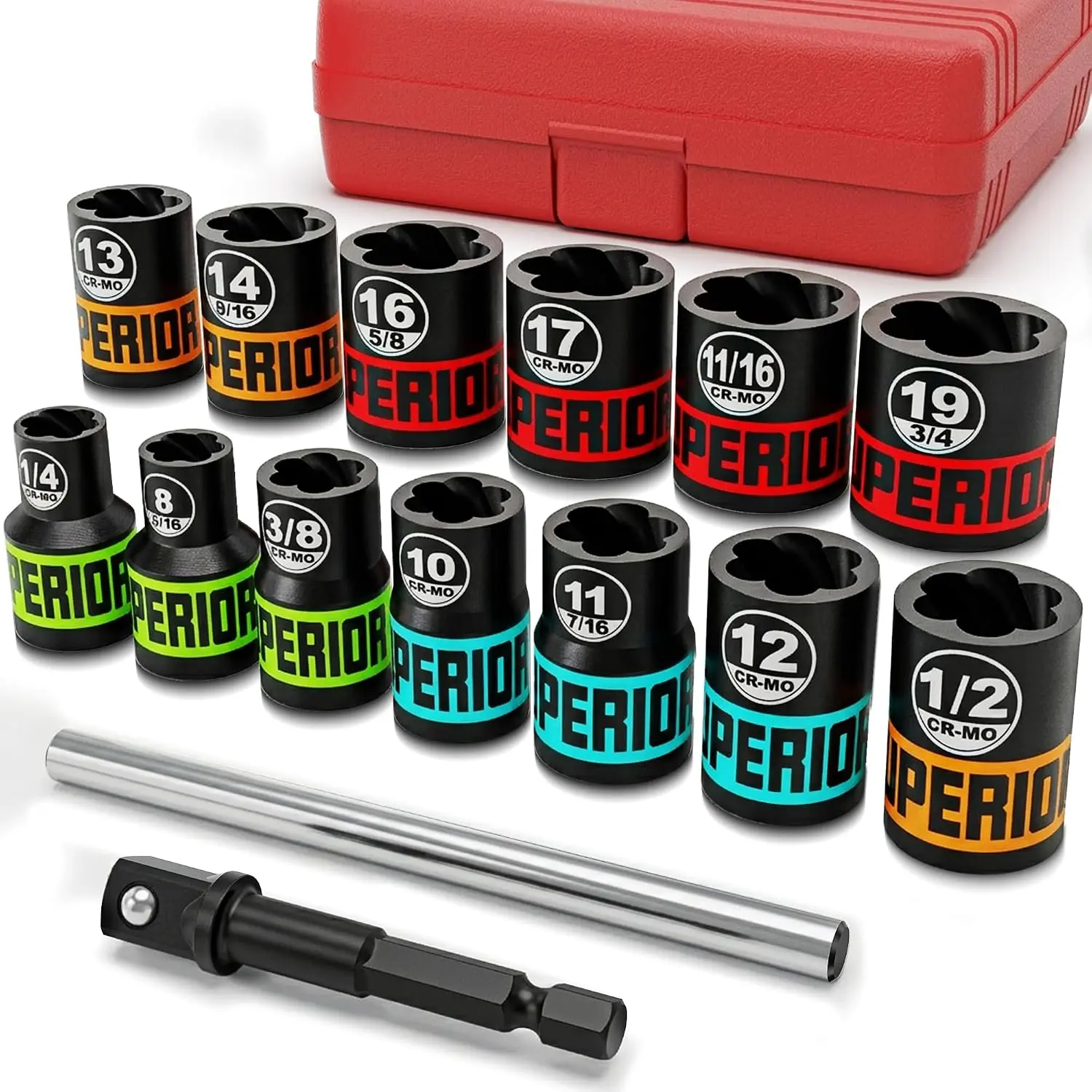 Bolt Extractor Kit, 15pcs Drive Stripped Bolt & Nut Remover Set, Lug Nut Extractor with 3/8 Inch Adapter, Cr-Mo, Nut Remover for Frozen, Damaged, Rounded, Rusted