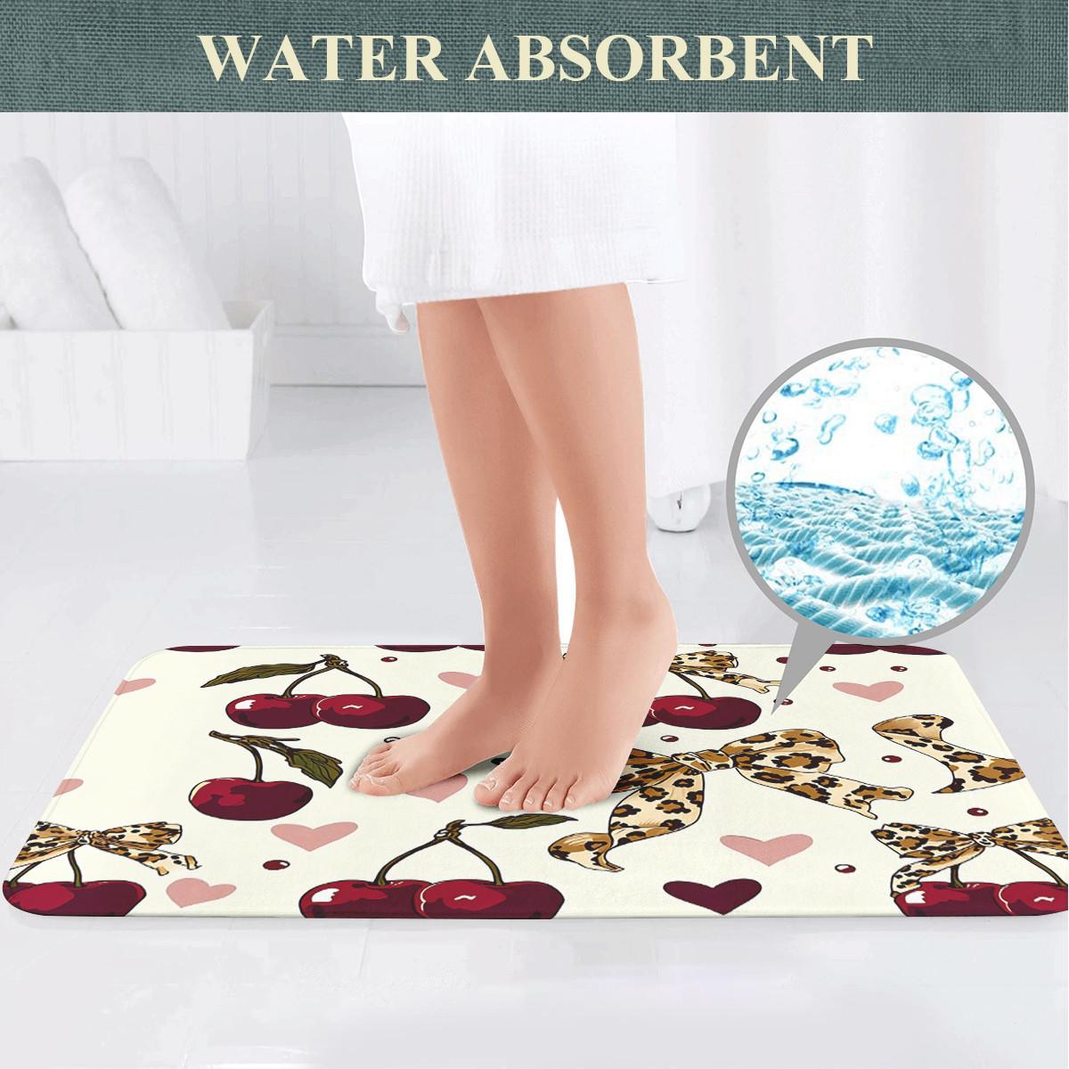 4pcs Shower Curtain Set with Cherries, Leopard Bows, Hearts, Bathroom Decor, Valentine's Day Theme, Romantic Bathroom Style