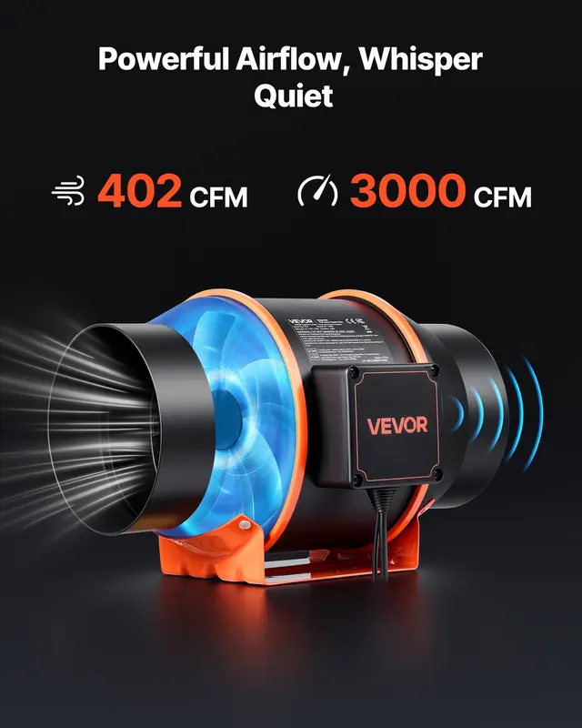VEVOR 6-Inch EC Motor Inline Duct Ventilation Fan, 402 CFM Airflow, Energy Efficient, 3-Speed Circulation, 10-Speed PWM Controller, Timer Control, Cooling Tool for Grow Tent Users