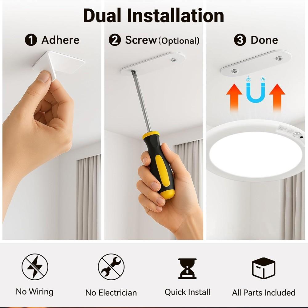 2-Piece Rechargeable Ceiling Lights, LED Three-Tone Dimmable, Wireless Installation, Remote Control, Ideal for Hallway, Closet, Office