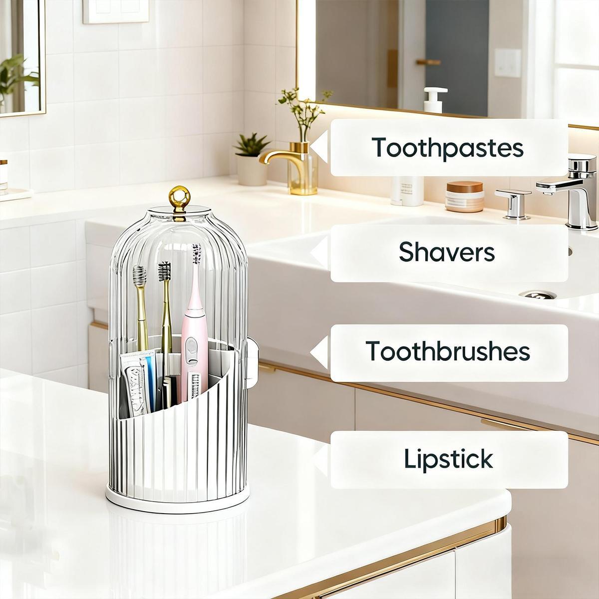 360° Spinning Toothbrush & Makeup Brush Organizer, Toothbrush Storage, Dustproof, Anti-Slip, Drainage Design, 3 Slots, Transparent Plastic, Bathroom Vanity Countertop
