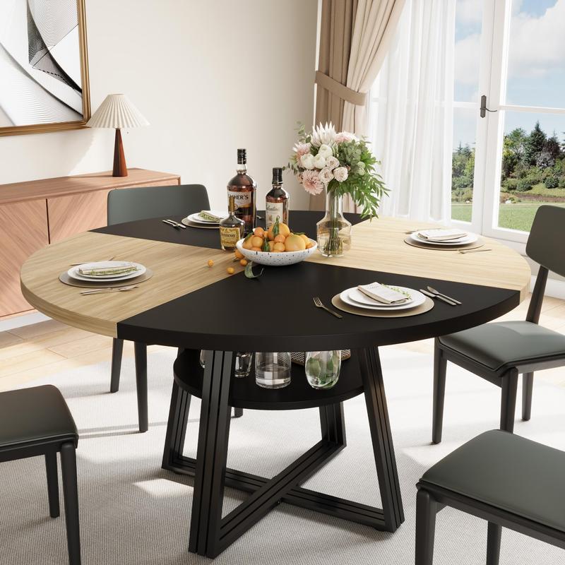 Round Dining Table for 4-6, 42" Kitchen Table with Storage, Circle Dinner Tables for Kitchen, Dining Room, Living Room, Meeting Room, Apartment