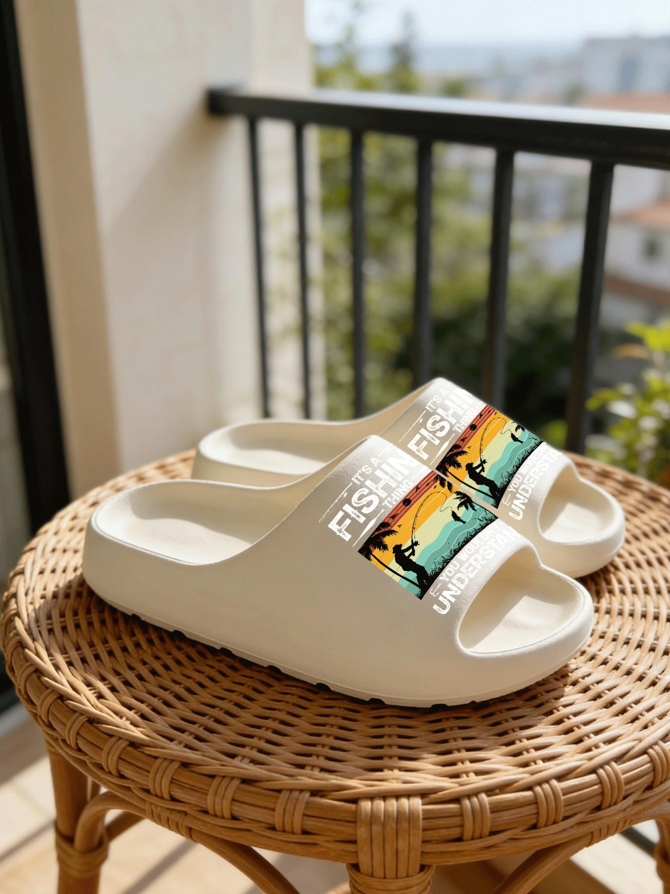 1 Pair Fishing Themed Letter Printed Thick Sole Slippers, American Retro Outdoor Style, Non-slip Soft Sole Open Toe Slides, Indoor & Outdoor Dual-use Bathroom Slides