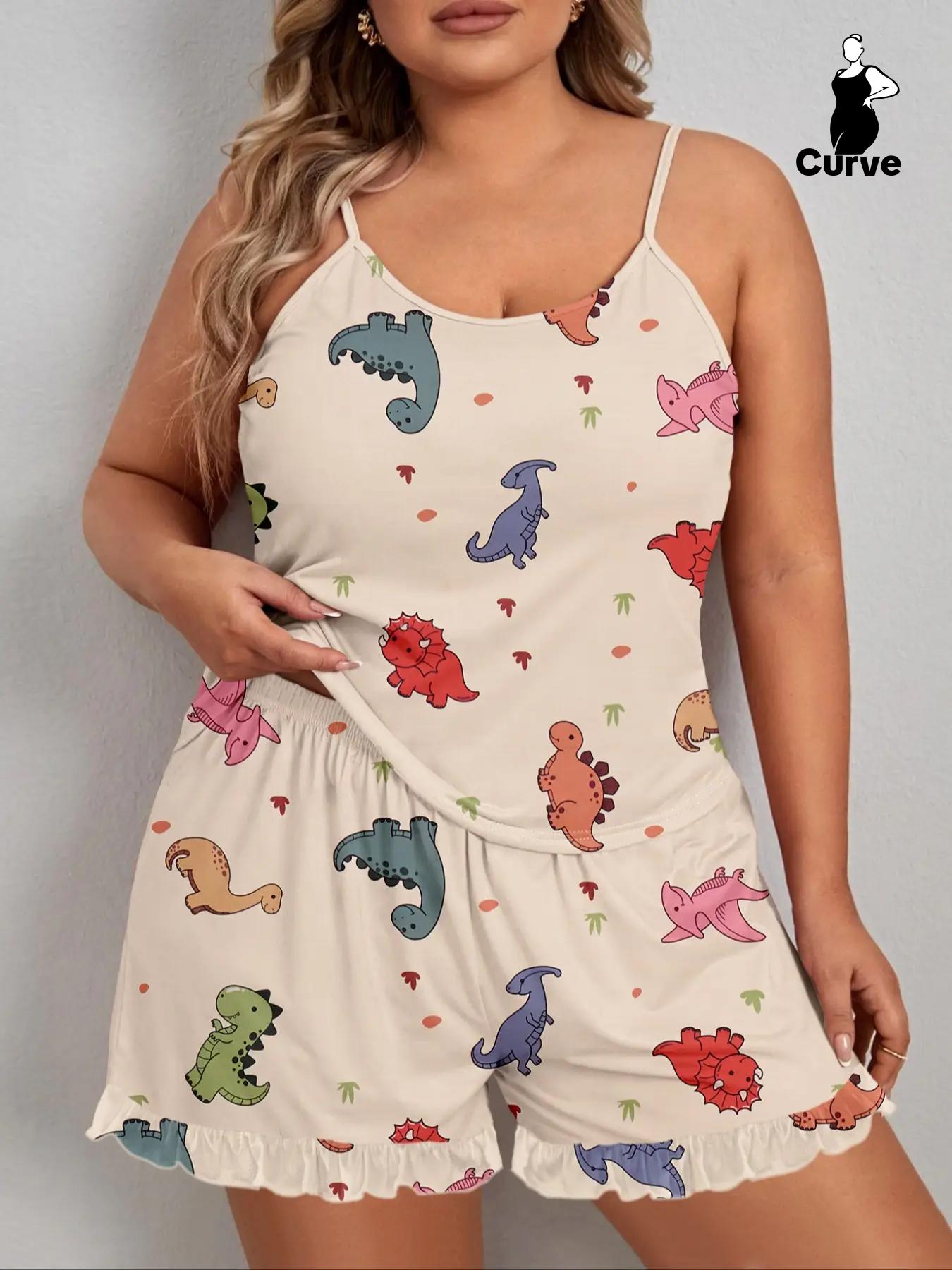Plus Size Dinosaur Print Elastic Waist Pyjama Set, Casual Cami Top & Ruffle Hem Shorts Set, Summer Outfits 2024, Summer Clothes, Women's Summer Sleepwear