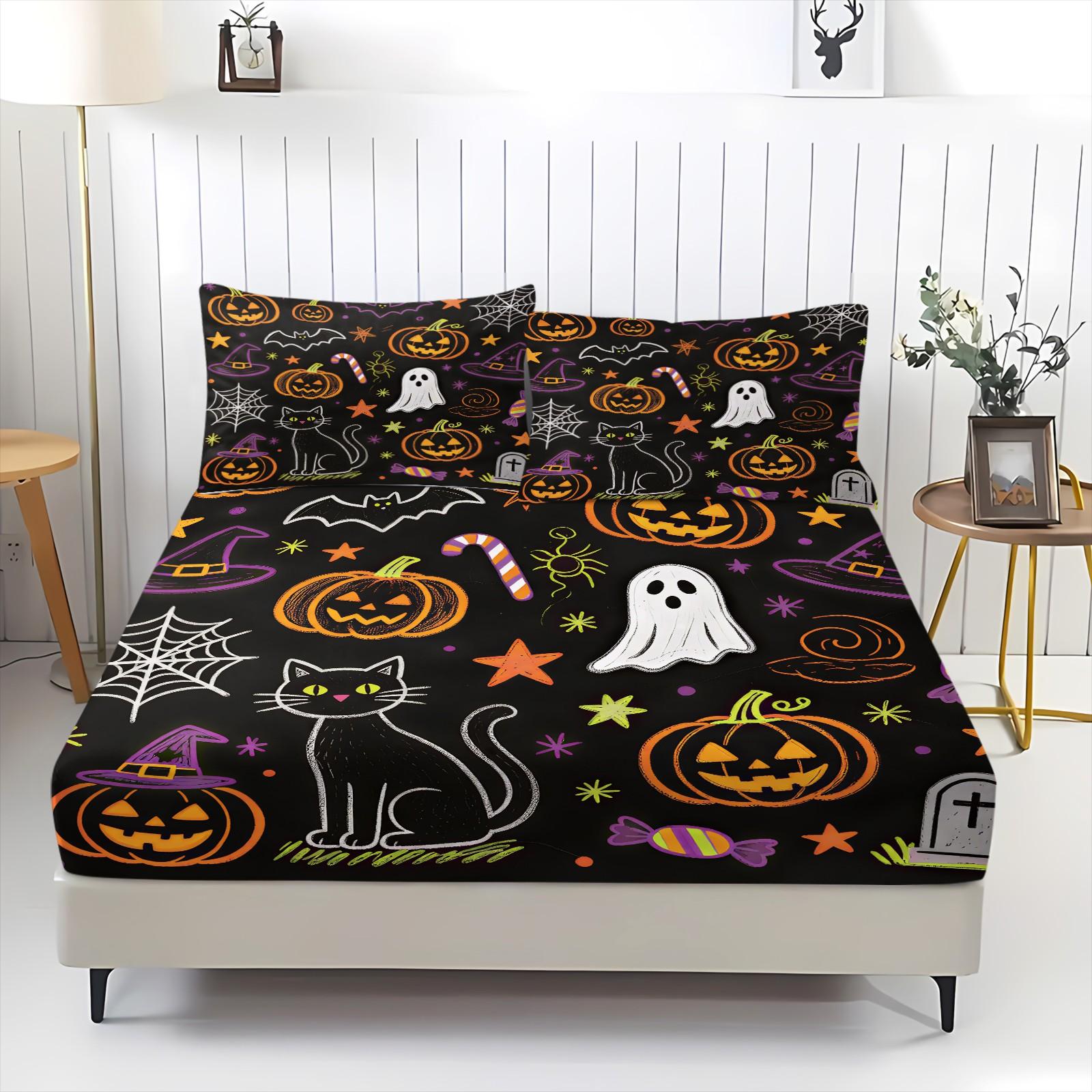 3Pcs Watercolor Halloween Pumpkin Ghost HD Digital Print Fitted Sheet Set, Washable Hypoallergenic Deep Pocket Mattress Cover For Edgy Girls All Season Dark Style Bedroom Decor, Polyester Bedding Set, Bed Sets Supplies