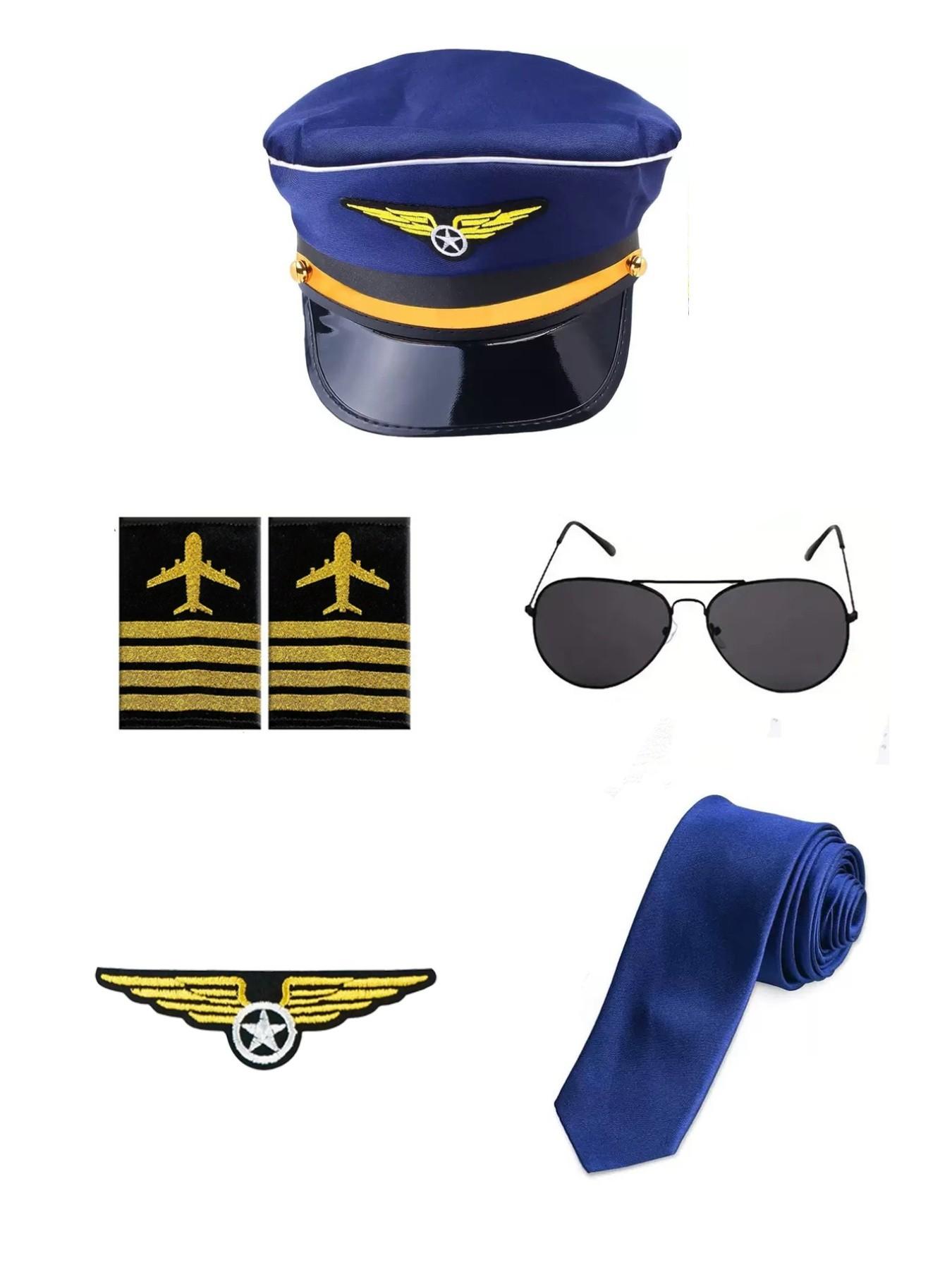 5-Piece Cosplay Pilot Costume Set for Women, Includes Hat, Badge, Shoulder Patch, Tie, Sunglasses, Gloves, Perfect for Halloween Parties