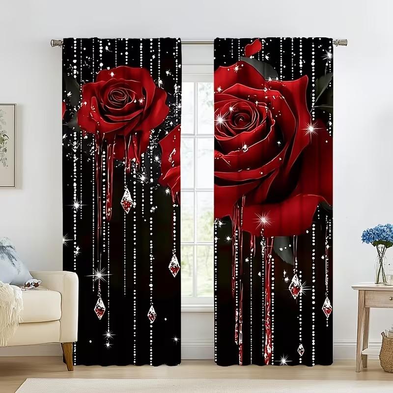 2-Piece Pearl Rose Print Window Curtain Set, Durable Semi-Transparent Polyester Fabric, Washable, Ideal for Bedroom/living Room/library