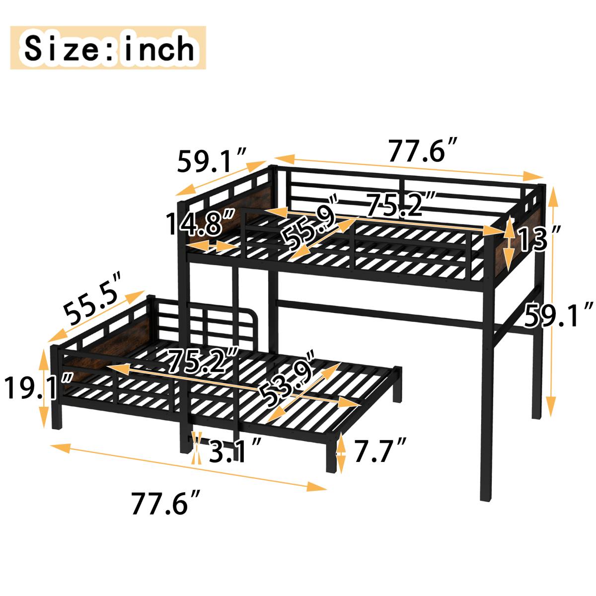 Full over Full Metal Bunk Bed/Metal Loft Bed and Metal Platform Beds,with raised security fence,Vintage Wood-colored