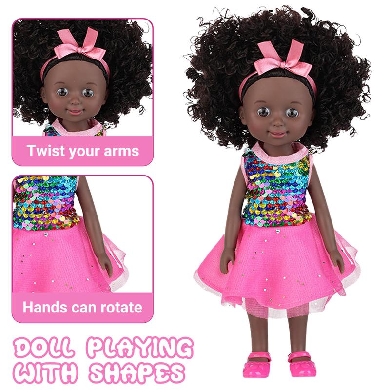 Black Baby Doll, 10 inch American African Girl Doll with Dress, Realistic Reborn for Kids Aged 2 3 4 5 6, Silicone Small Toy Curly Hair Birthday Gift, Brown