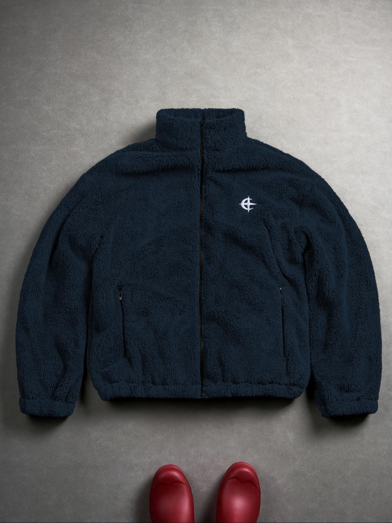 Men's Blue Fleece Jacket, TikTok Viral Street Style Oversized Warm Fleece Coat, Fashionable Casual Outerwear for Daily Wear & Ideal Christmas Gift