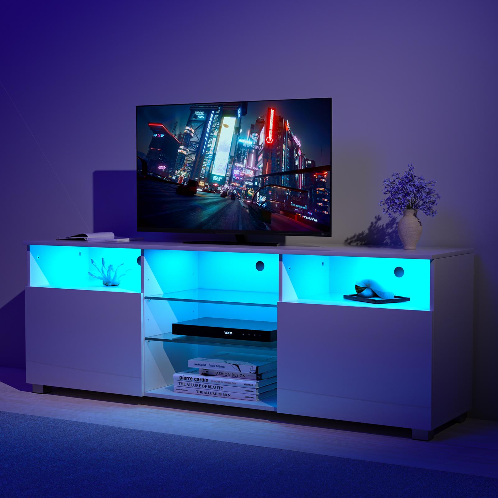 71 inch LED TV Stand for 75/80 inch TV, High Gloss TV Cabinet with Adjustable Storage Shelves, Modern LED Entertainment Center, TV Table Media Furniture for Living Room, White/Black