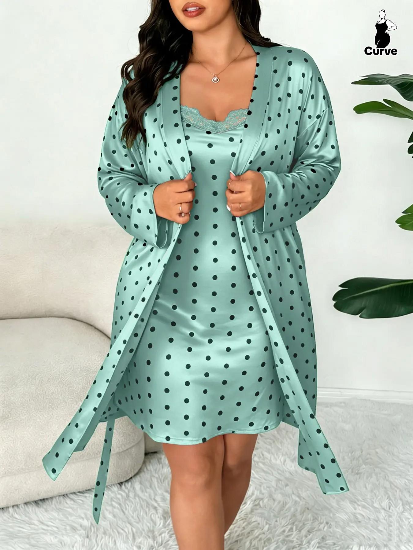 Plus Size Women's Nightwear Set, Floral Print Lace Nightdress + Long Robe, Comfortable Soft Home Sleepwear, Casual Fitted Style