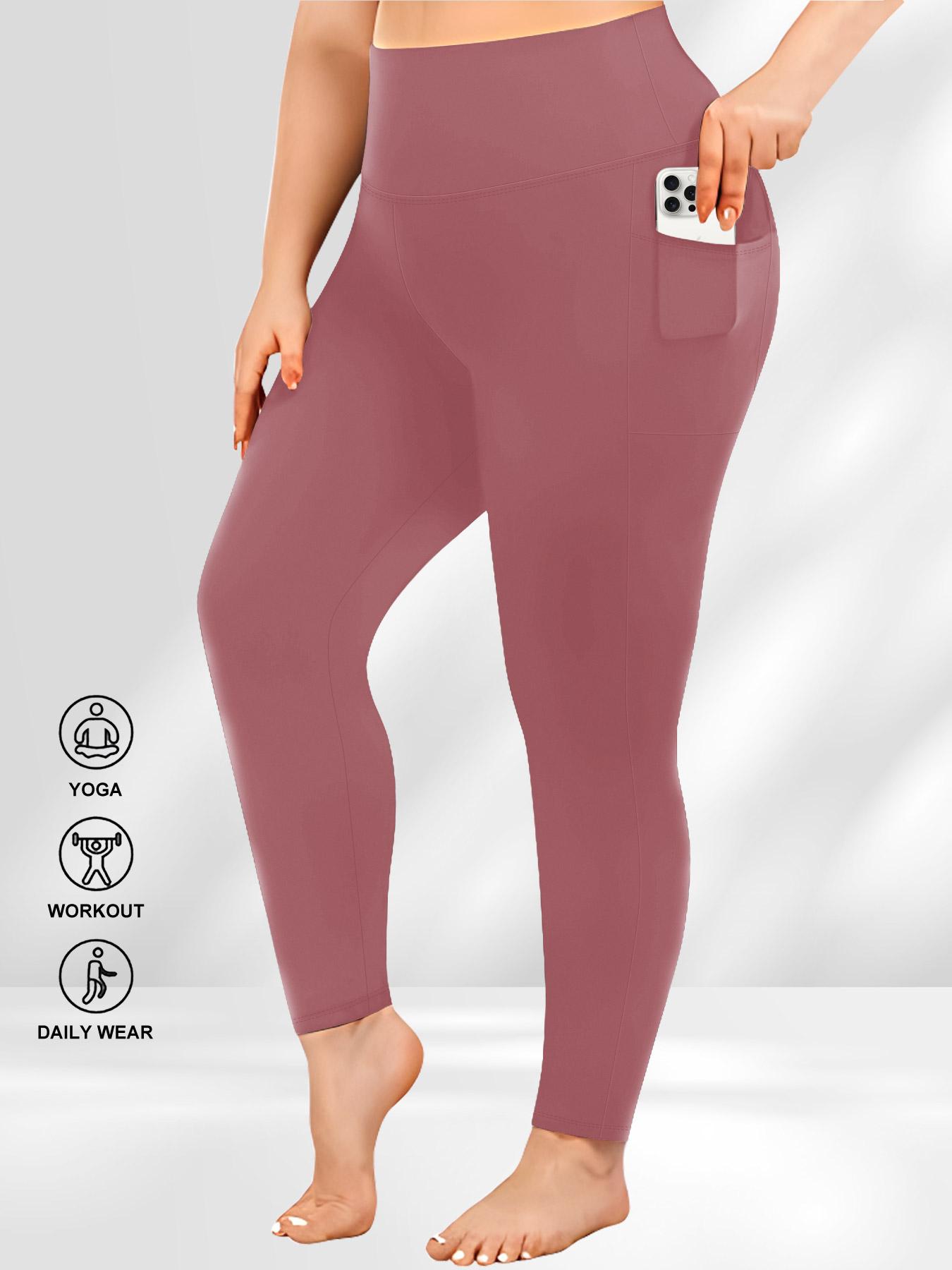 Plus Size Solid High Waist Sports Comfy Gym Workout Leggings with Pocket, Summer Outfits, Casual High Stretch Skinny Pants for Women, Soft Comfortable Women's Bottoms for All Seasons, Stretchy Workout Leggings