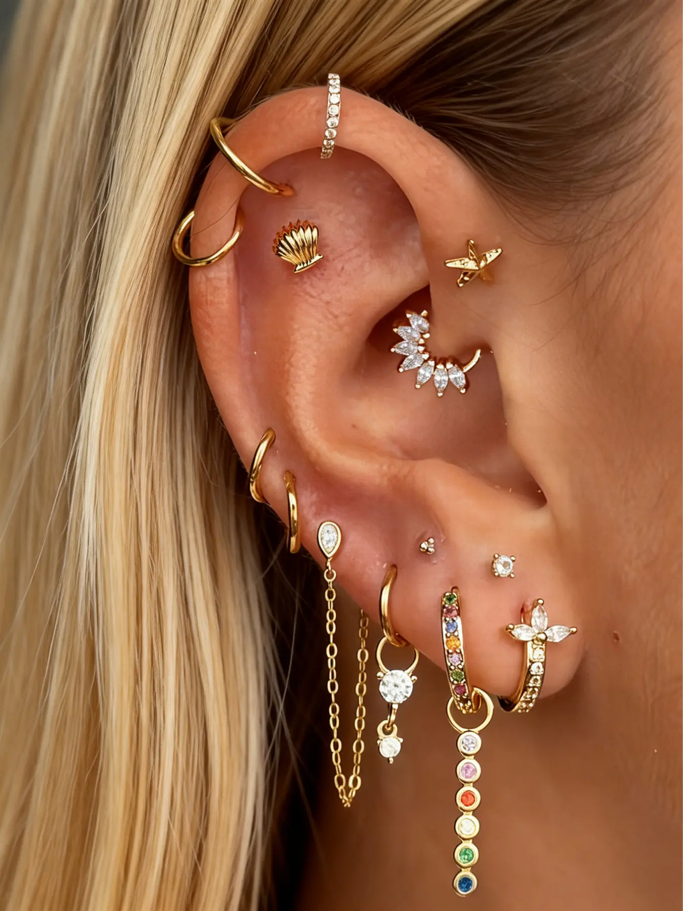 14 Pcs Elegant Colorful Cubic Zirconia Earrings Set, Starfish Shell Studs, Women's Daily Date, Party, Vacation Jewelry