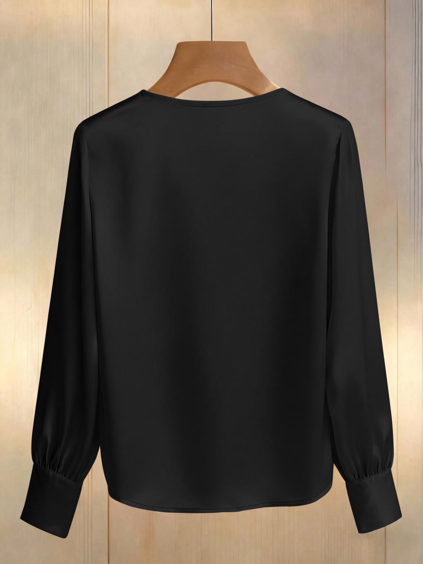 Women's Fashion Fitted Long Sleeve Top, Elegant Satin Round Neck Blouse, Suitable for Casual and Formal Office Commute