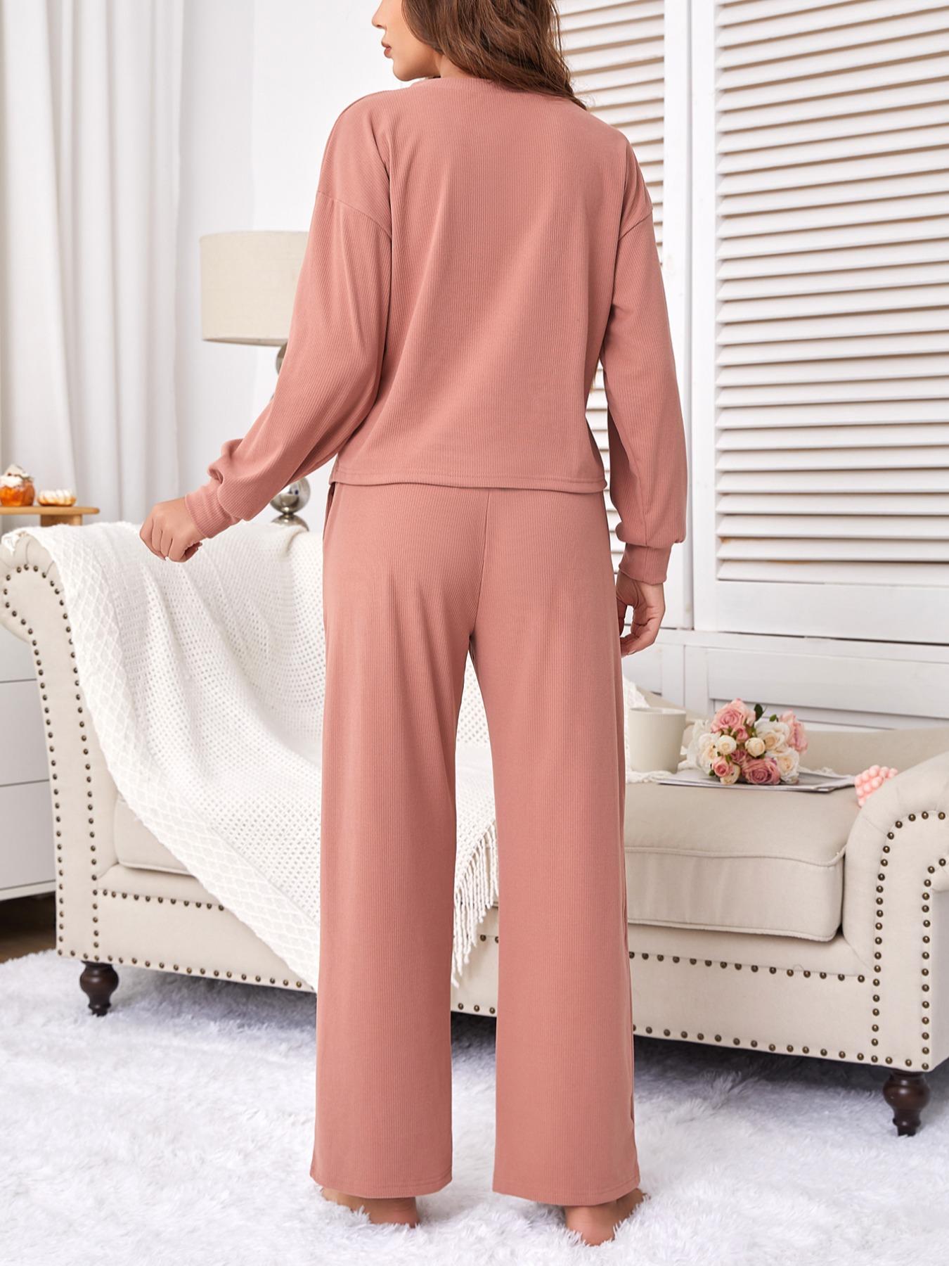 Women's 2-Piece Matching Set V-Neck Knit Top & Pants with Pockets, Casual Loose-Fitting Autumn Winter, Home Wear or Outerwear