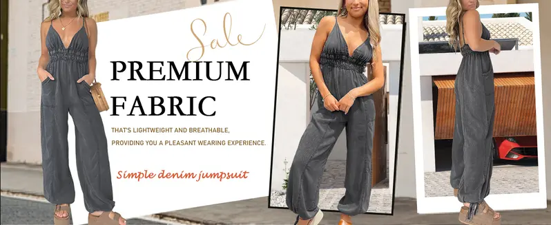 utcoco Women's Retro Cotton Denim Overalls Jumpsuit - Spaghetti Straps, Sleeveless, Deep V-Neck, Adjustable Straps, Elastic Waist, Wide-Leg, Functional Pockets, Casual Lounge-Party Wear