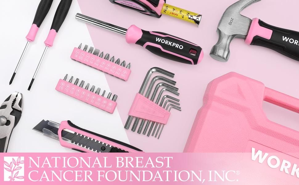 #fathersdaygift WORKPRO 35-Count Pink Tools Set, Household Tool Kit with Storage Toolbox, Basic Tool Set for Home, Garage, Apartment, Dorm, New House, Back to School, and as a Gift - Pink Ribbon