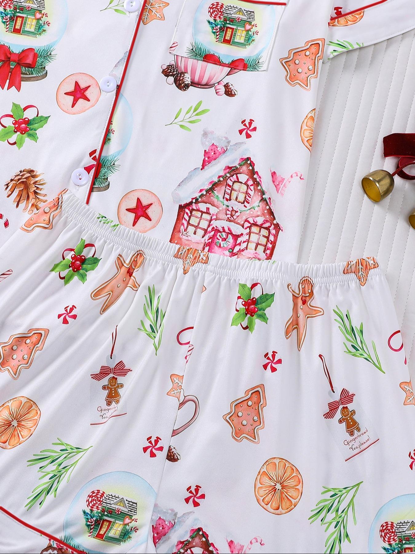 【Christmas Pyjamas】Women's Set, Watercolor Gingerbread Print, Short Sleeve Button Front Top & Elastic Shorts, Casual Home Wear, Loungewear