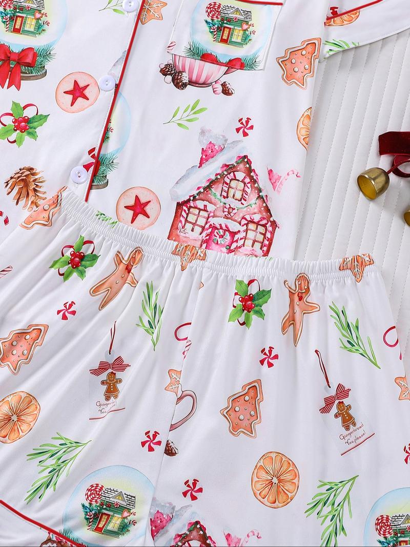 【Christmas Pyjamas】Women's Set, Watercolor Gingerbread Print, Short Sleeve Button Front Top & Elastic Shorts, Casual Home Wear, Loungewear