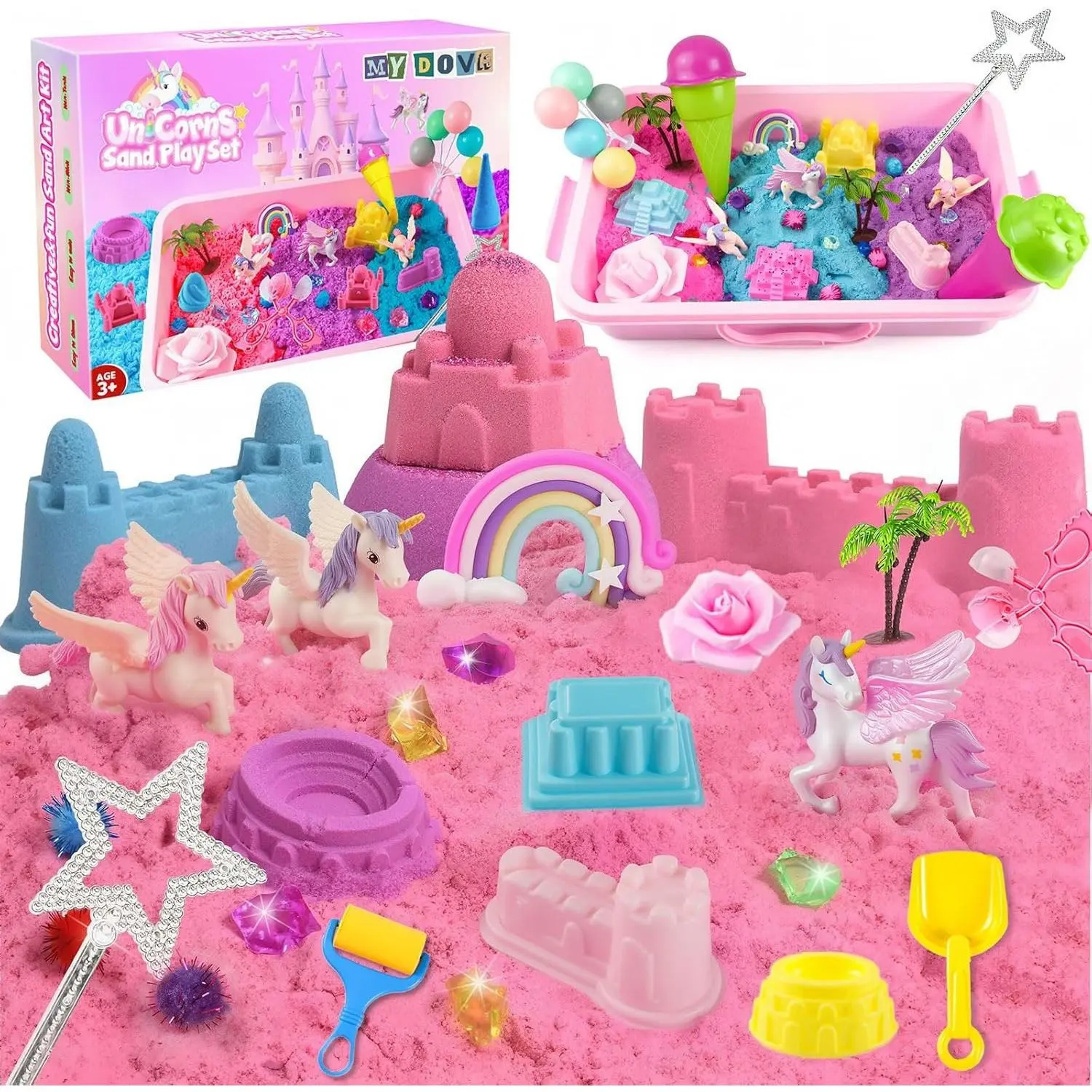 Unicorn Sensory Bin for Girl, Magic Sand Art Kit for Boys and Girl with Sandbox, Castle Molds, 2.18lb 3 Color Sand, Best Unicorn Toy Kits Christmas Birthday Gift for Toddler Ages 3+