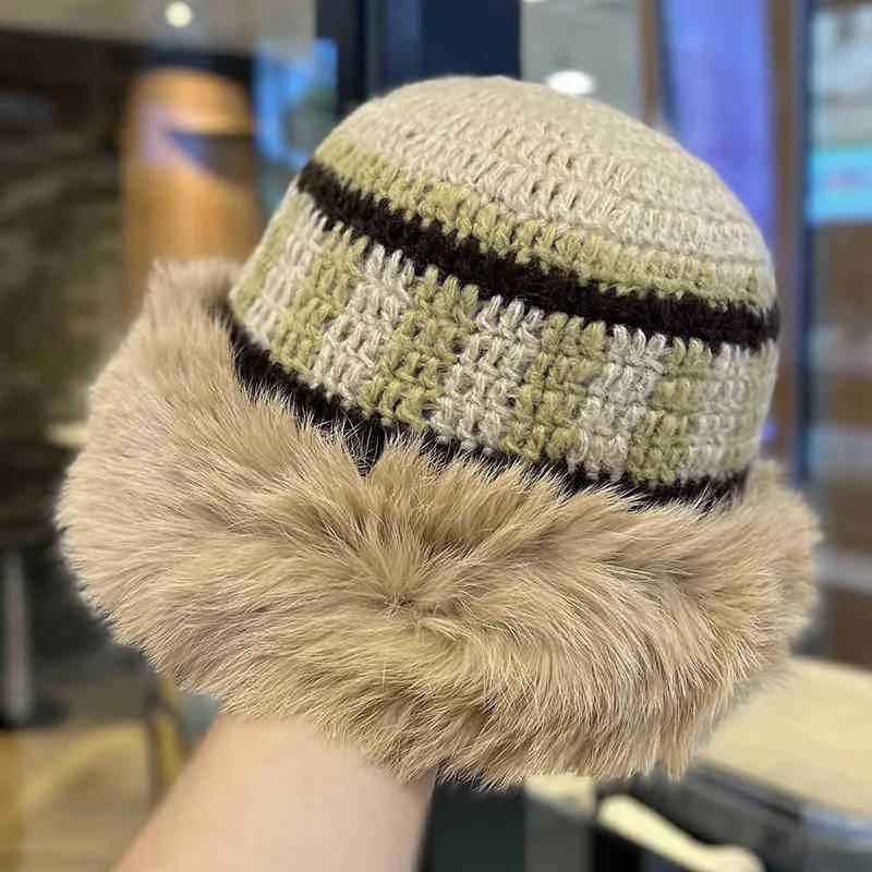 Winter Rabbit Fur Plush Handmade Knitted Hat for Women Men Outdoor Ear Protection Soft Warm Beanie Y2k Streetwear Knitted Hats