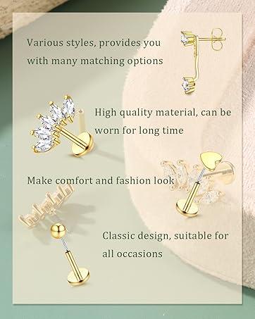 MILACOLATO Threadless Flat Back Earrings Hypoallergenic - 9 Pairs 316L Surgical Steel Push in CZ Studs & Hoops Set for Women Men 14K Plated Gold Cartilage Tragus Helix Nose Piercing Jewelry 16G 18G