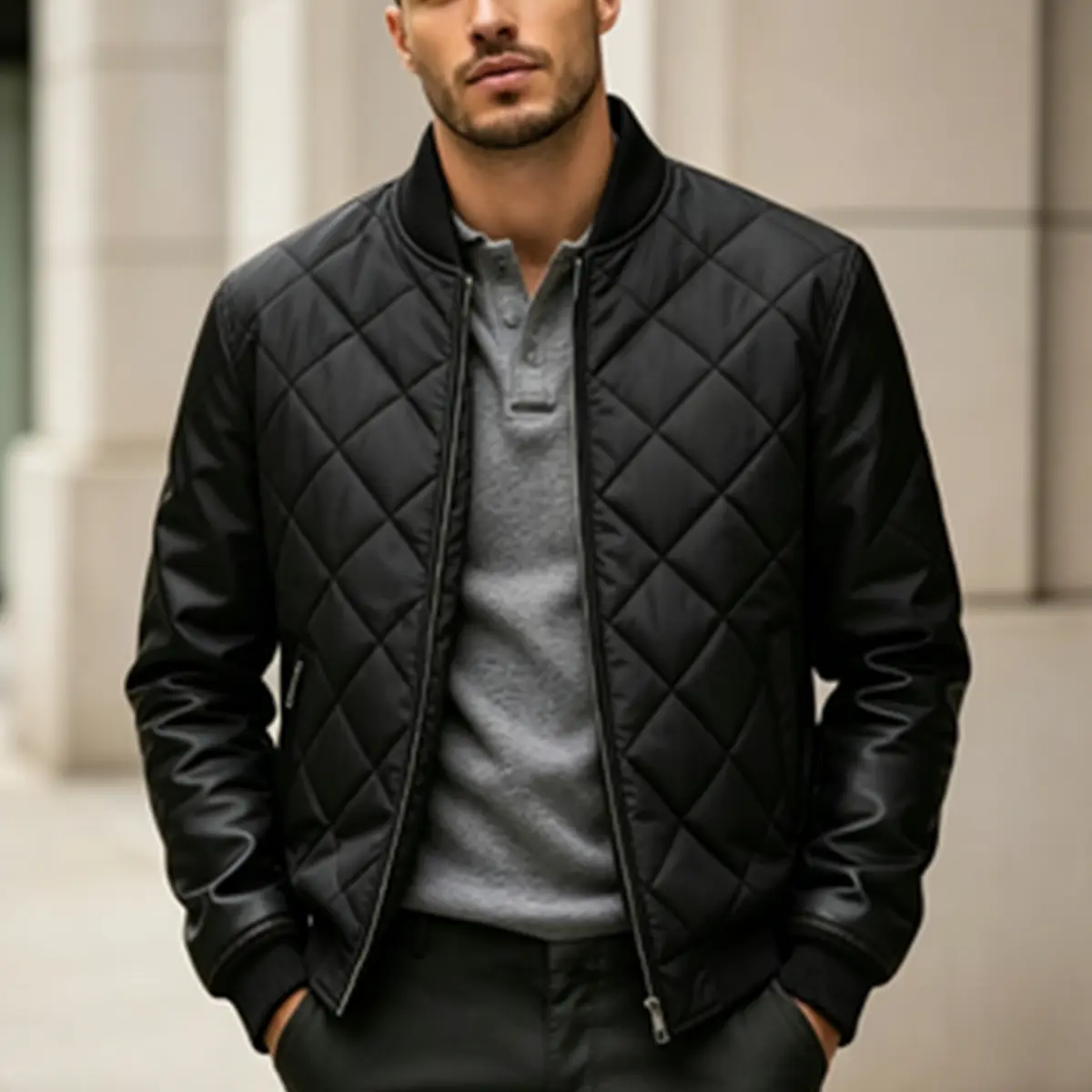 Men's Diamond Quilted Jacket, Lightweight Polyester Fitted Cut Outerwear with Ribbed Collar and Full Zipper for Spring & Autumn Travel, Polyester Clothes, Machine Wash, Quilted Look