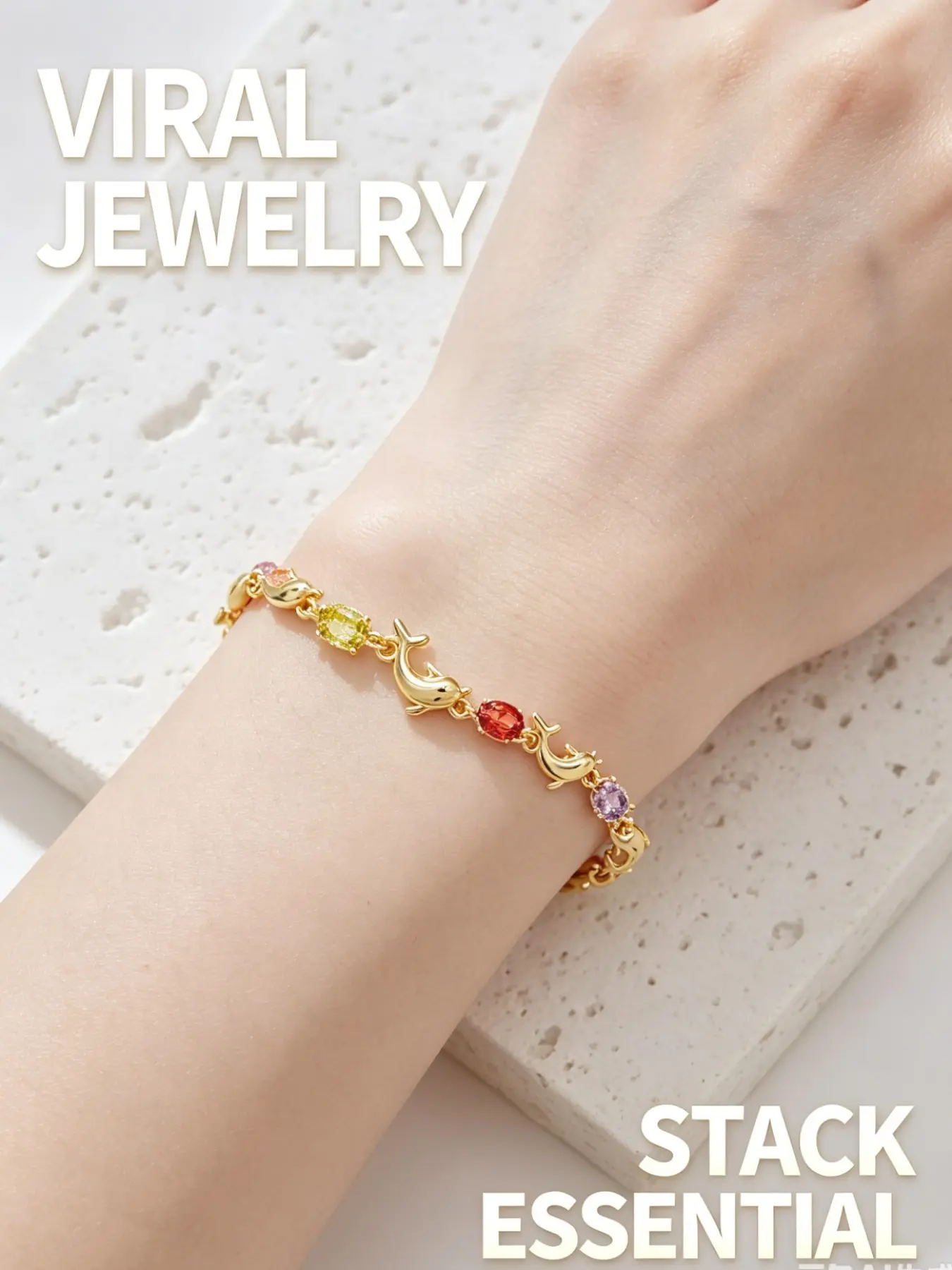 Cute Dolphin Colorful Zircon Link Bracelet, Gold-Tone Finish Hypoallergenic Anti-Fade Ocean Themed Jewelry, Adjustable Clasp Bracelets for Women Teen Girls, Casual Daily Outfit Accessory, Birthday Valentine Holiday Gift，OceanJewelry CuteBracelets