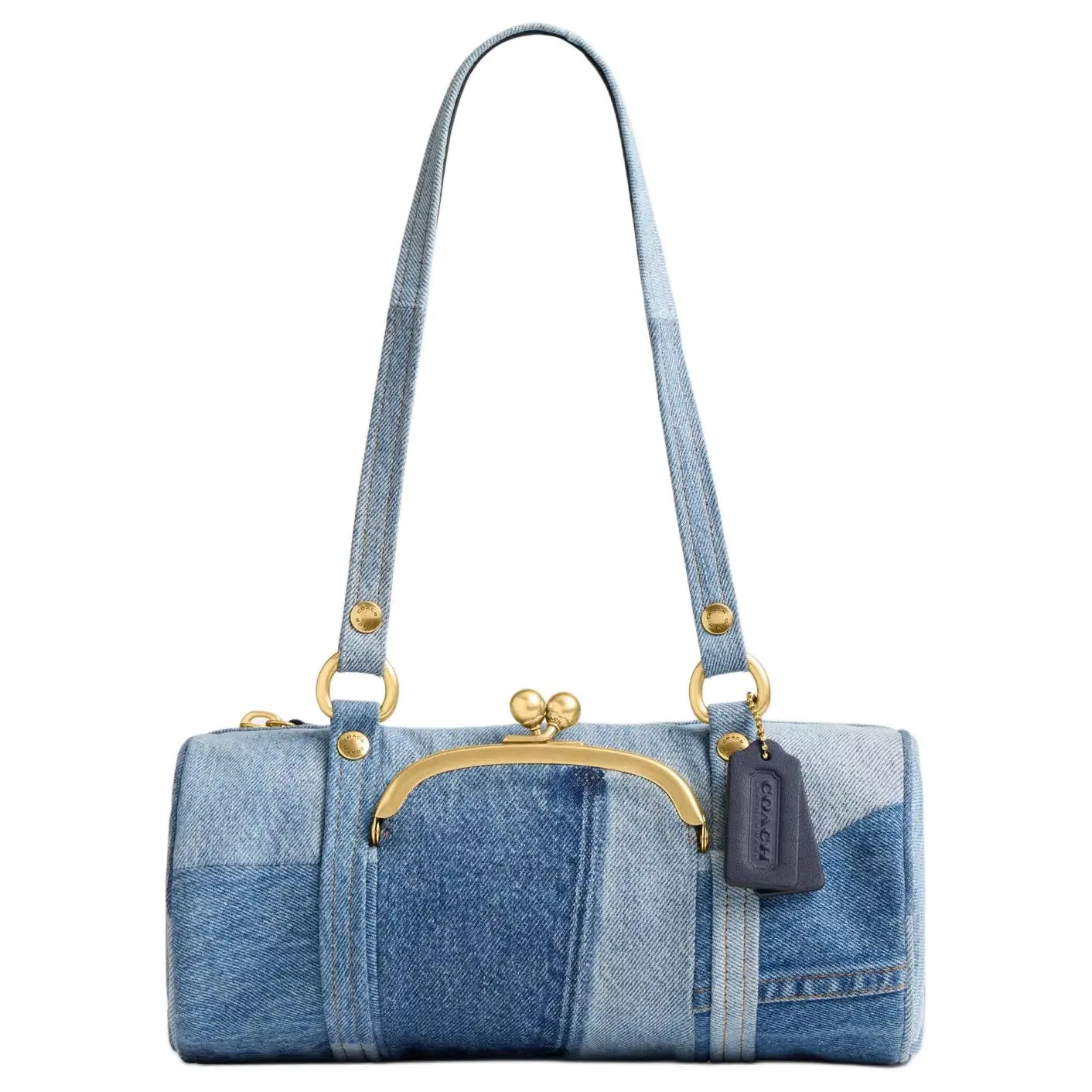 COACH Kisslock Barrel 28 Originals Crossbody Bag for Women, Denim and Saffiano Leather, Indigo Blue