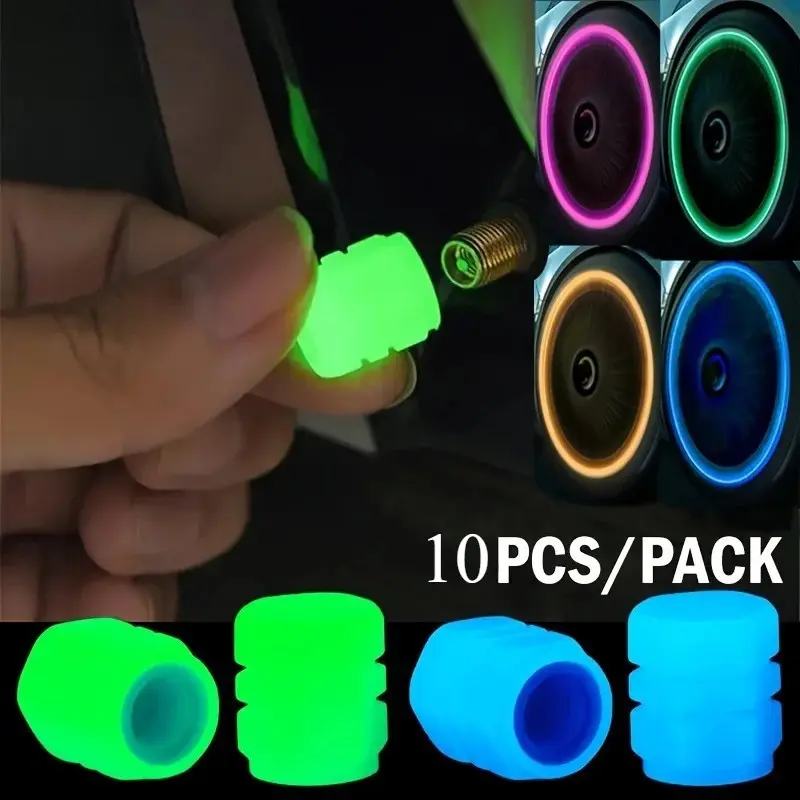 10 Pack Glow-In-The-Dark Tire Valve Caps, Fluorescent Material, Universal Fit, Dust-Proof, Waterproof, Automotive Night Driving Accessory