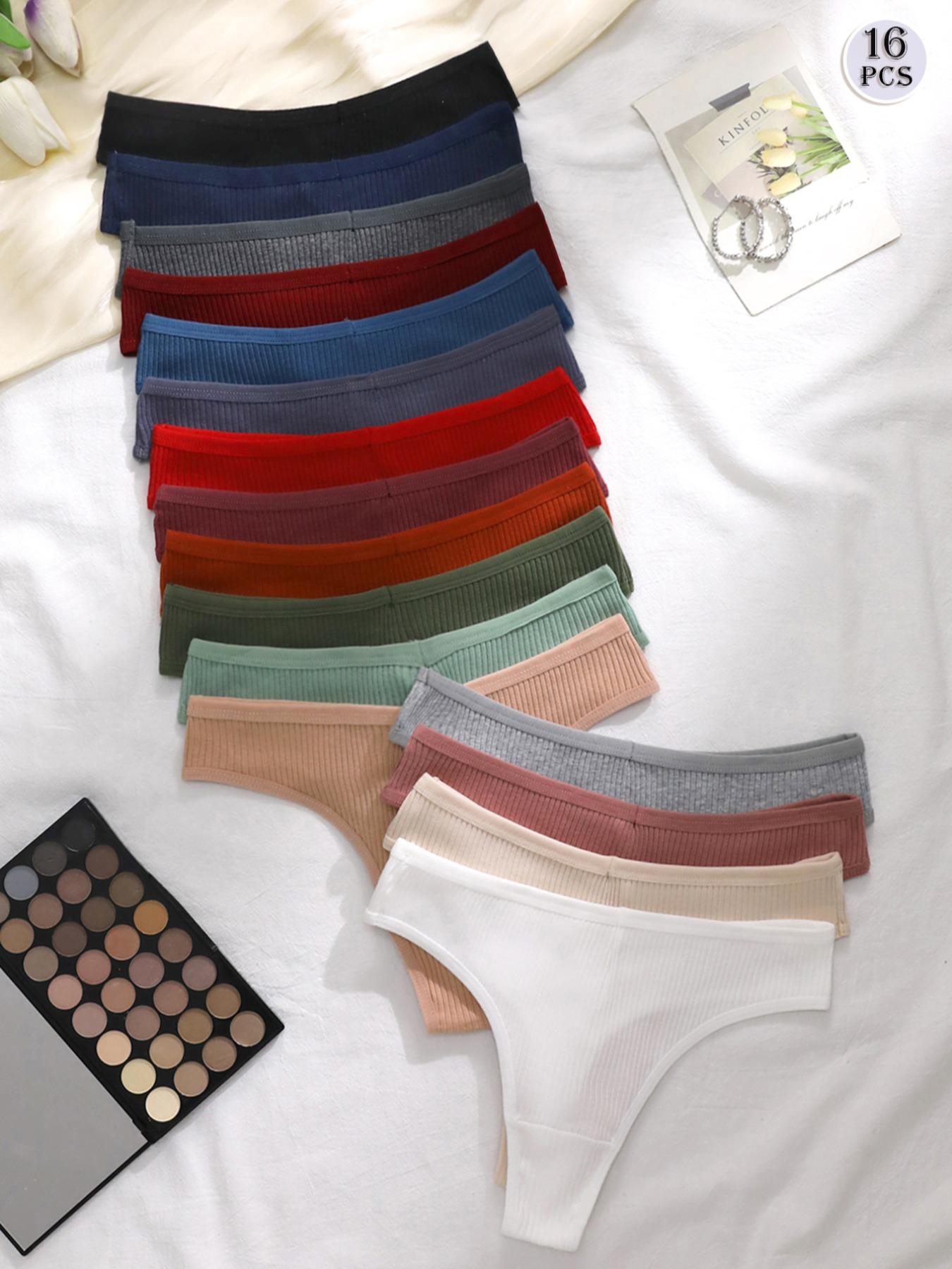 Women's 12pcs Solid Drop Waist Thong, Soft Comfy Breathable Knicker for Daily Wear, Ribbed Panty Underwear for All Seasons