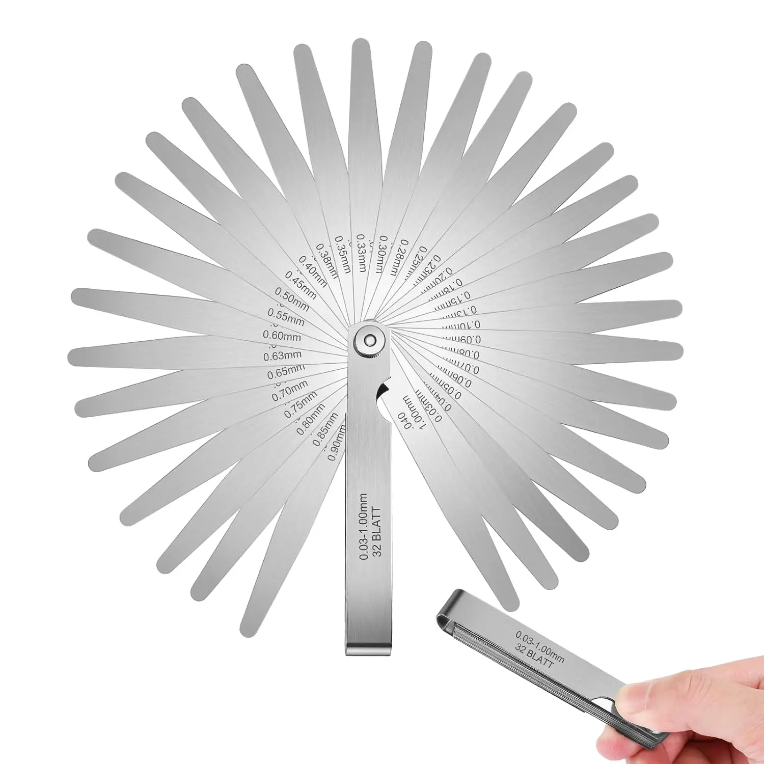 32  Stainless Steel Feeler Gauge, Metric and  Gap Measuring Tool Width and Thickness Feeler Gage Gauge for Spark Plug, Valve Adjustment Tool, 0.03-1mm (0.001-0.040 Inch)