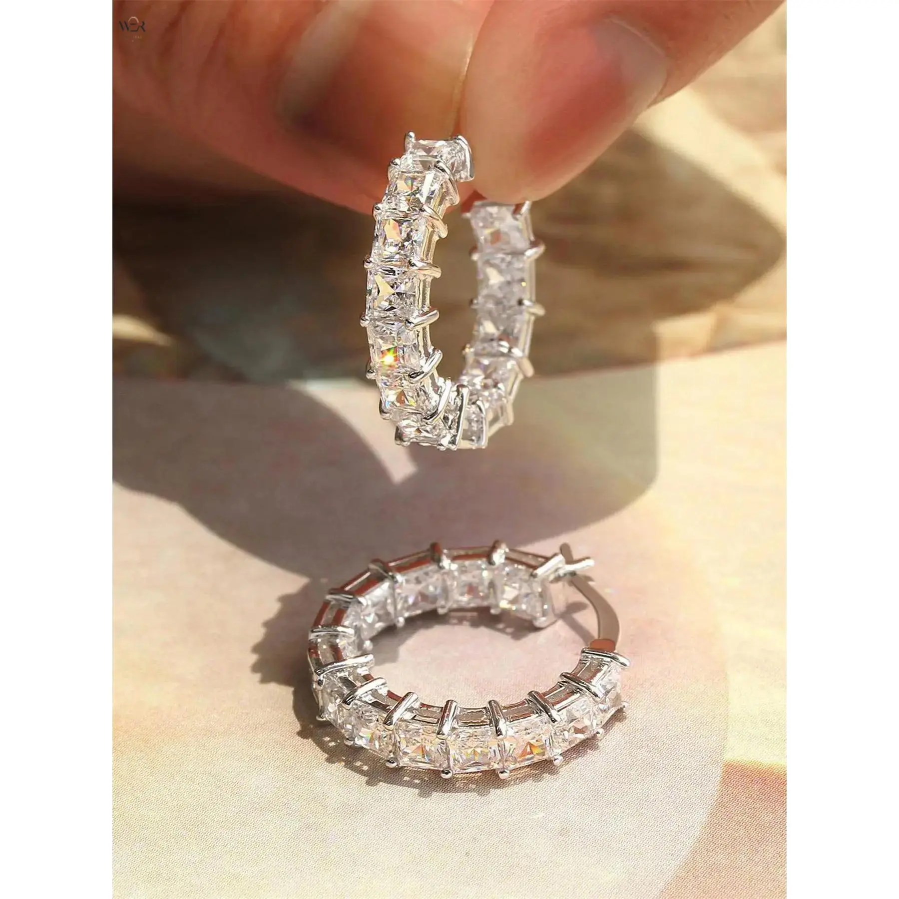 Women's 2 cm Chunky Copper Base Hoop Earrings - 1 Pair Modern Design with Baguette Stones, Silver-Gold-Blush Pink, Lightweight Elegant Youth Accessory, Jewelry for Women, Summer Gift for Daily Wear & Special Events, Chunky Hoop Earrings, Female, Girl