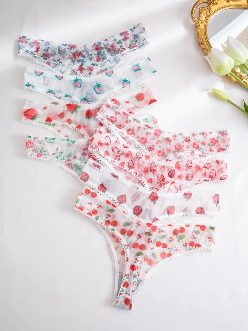 Women's Floral & Strawberry & Cherry Print Sheer Tulle Thongs, Cute Soft Comfy Breathable Knicker for Daily Wear, Ladies Underwear for All Seasons