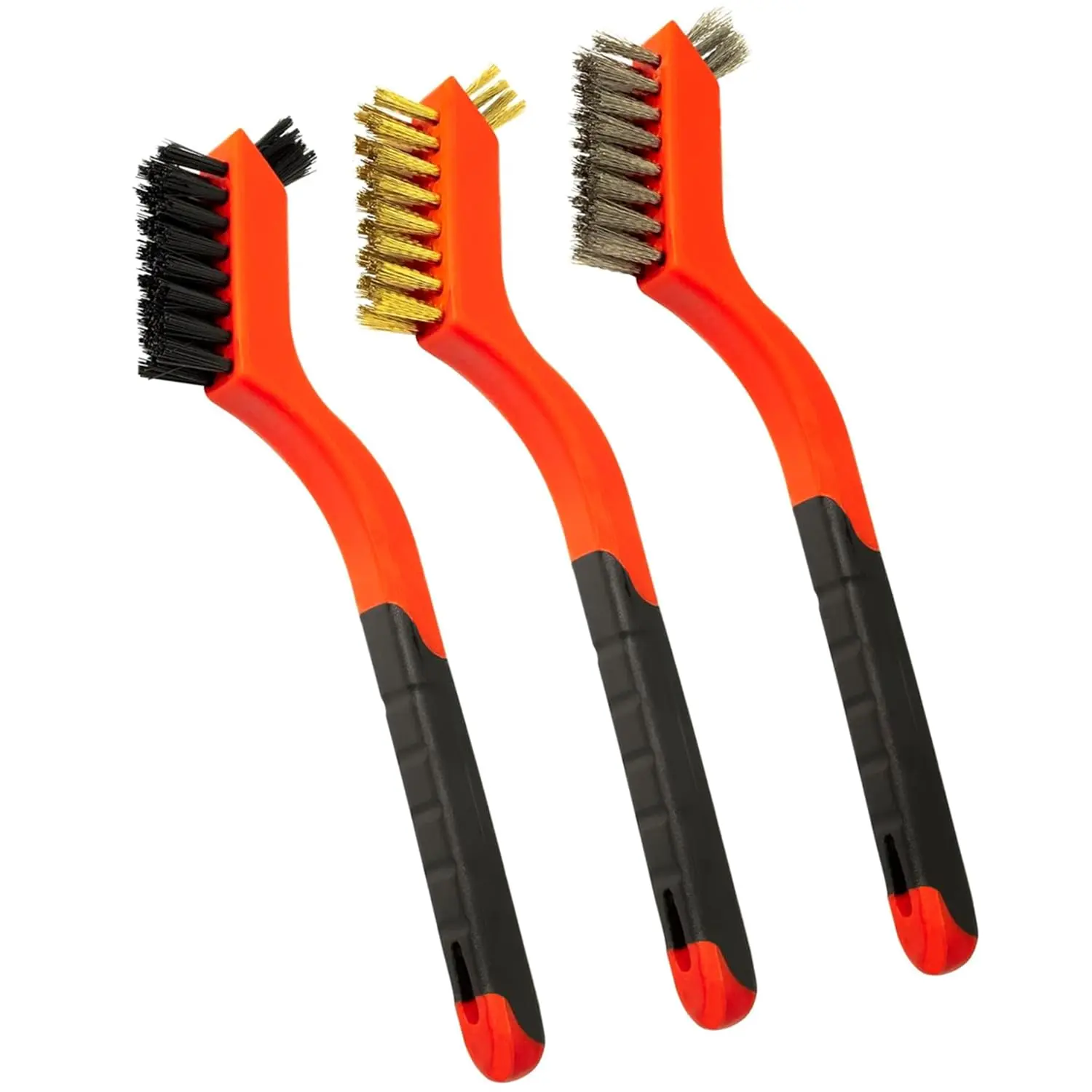 Wire Brush Set 3 count - Nylon/Brass/Stainless Steel Bristles with Curved Handle Grip for Rust Removal, Dirt,  Scrubbing, Crevice Cleaning Brush for Bathroom Gap, Kitchen, Bathroom, Window, Faucets