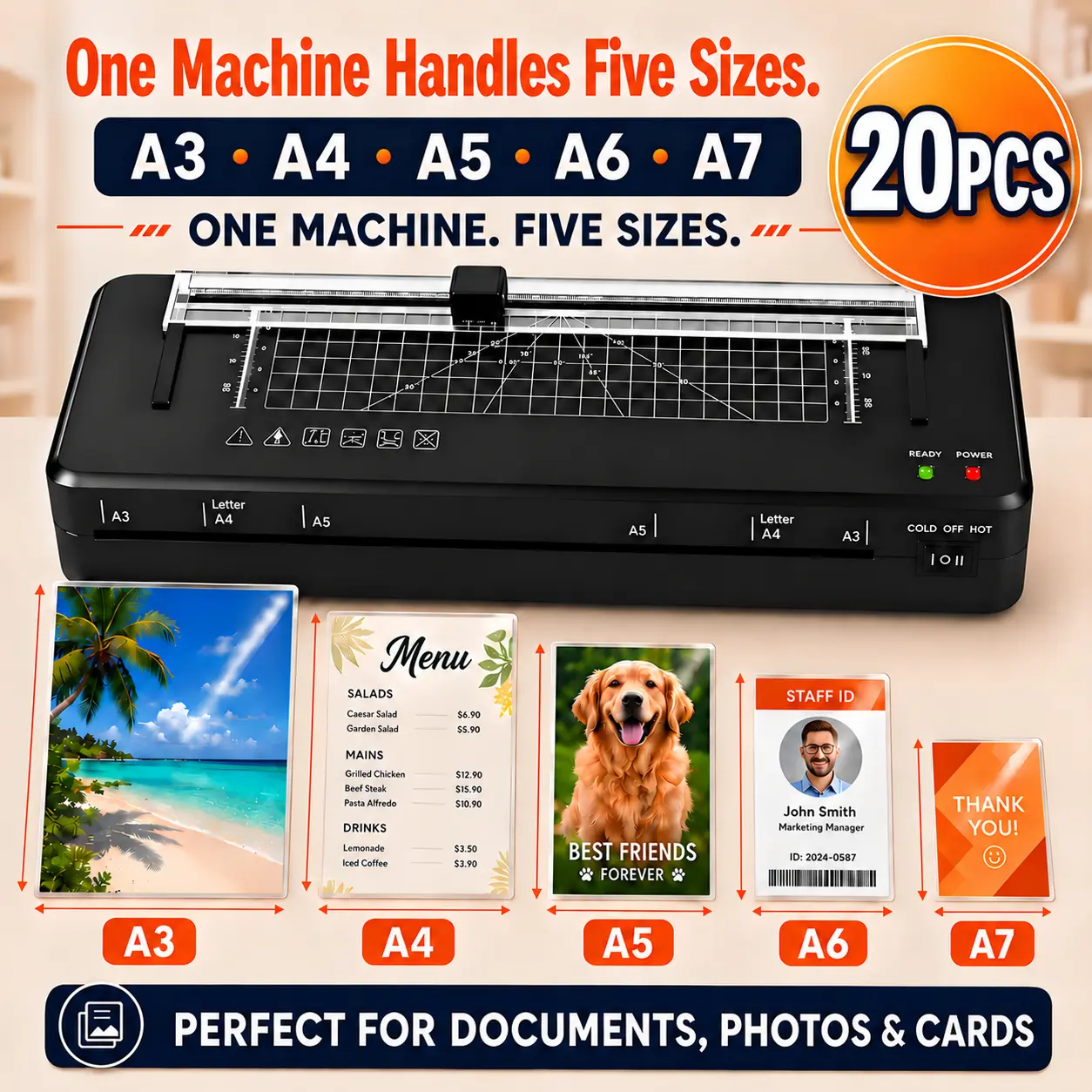 A3 Laminator Machine with 20 Laminating Pouches, Hot & Cold Laminating, Fast 60-70s Warm-Up, Never Jam ABS System, Built-in Cutter & Corner Rounder, Portable 4-in-1 Laminator for Photos, Documents, Cards, Menus, A3/A4/A5/A6, Laminating Kit, School, Home