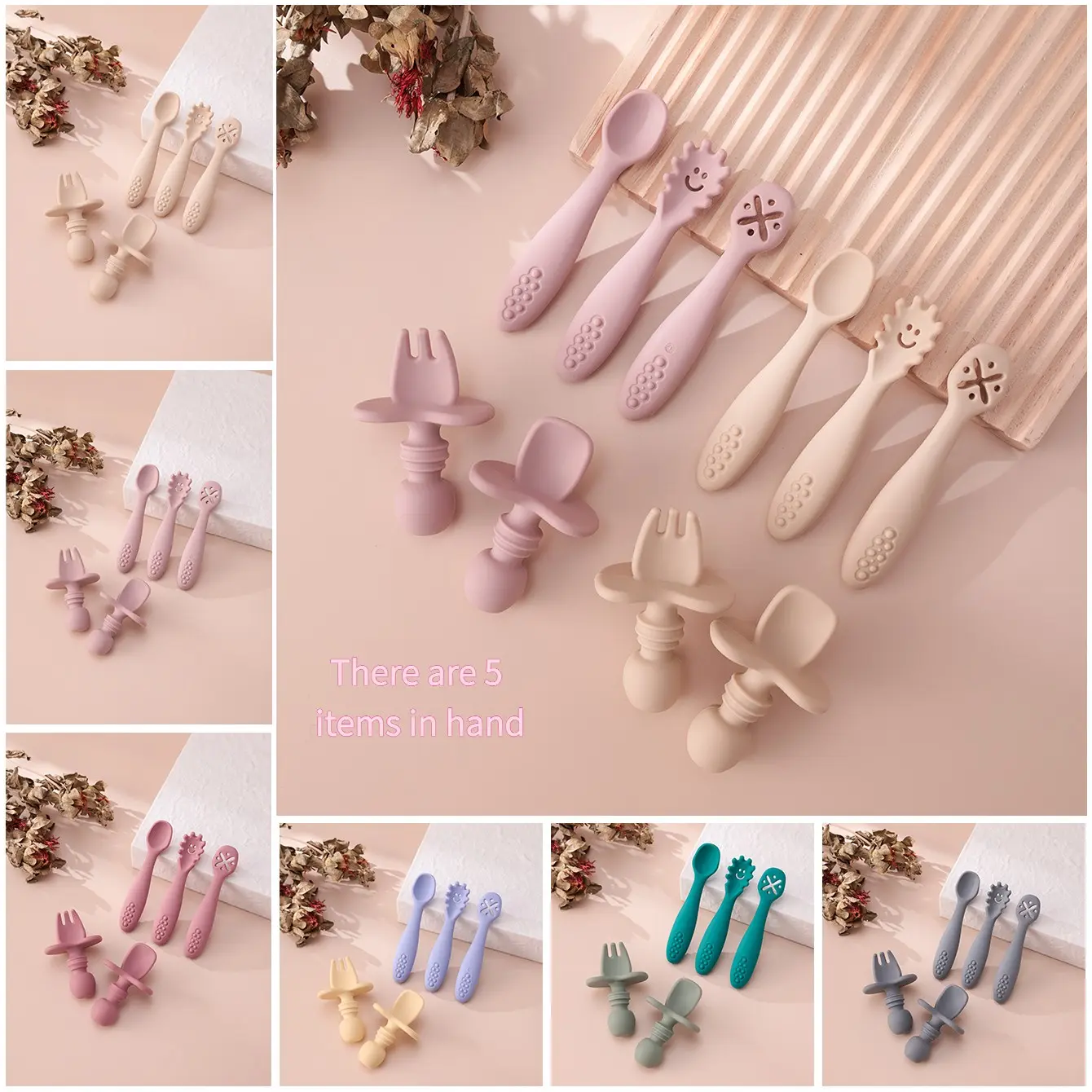 5pcs Baby Silicone Feeding Fork Spoon Set, Food Grade Soft Silicone, Anti-Choking, Non-Slip Handle, Infant Self-Feeding Training Tool