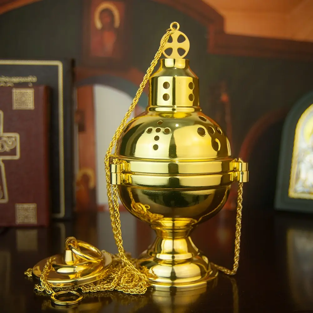 Orthodox Hanging Incense Burner, 8.7Inch Gold Plated Spherical Church Censer with Perforated Lid, Detachable Incense Bowl for Home Altar, Chapel Liturgy and Religious Gift