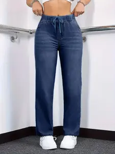 Women's Elastic Waist Jeans, Classic Casual Pants with Pockets and Drawstring, Comfortable and Stylish Denim Bottoms for Everyday Wear