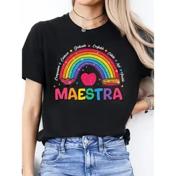 Soft Women Short Sleeve T Shirt Colorful Rainbow Apple Pencil Print Cute Spanish Teacher Tee for Back To School Casual Daily Wear Comfortable Crewneck Top for School Educators